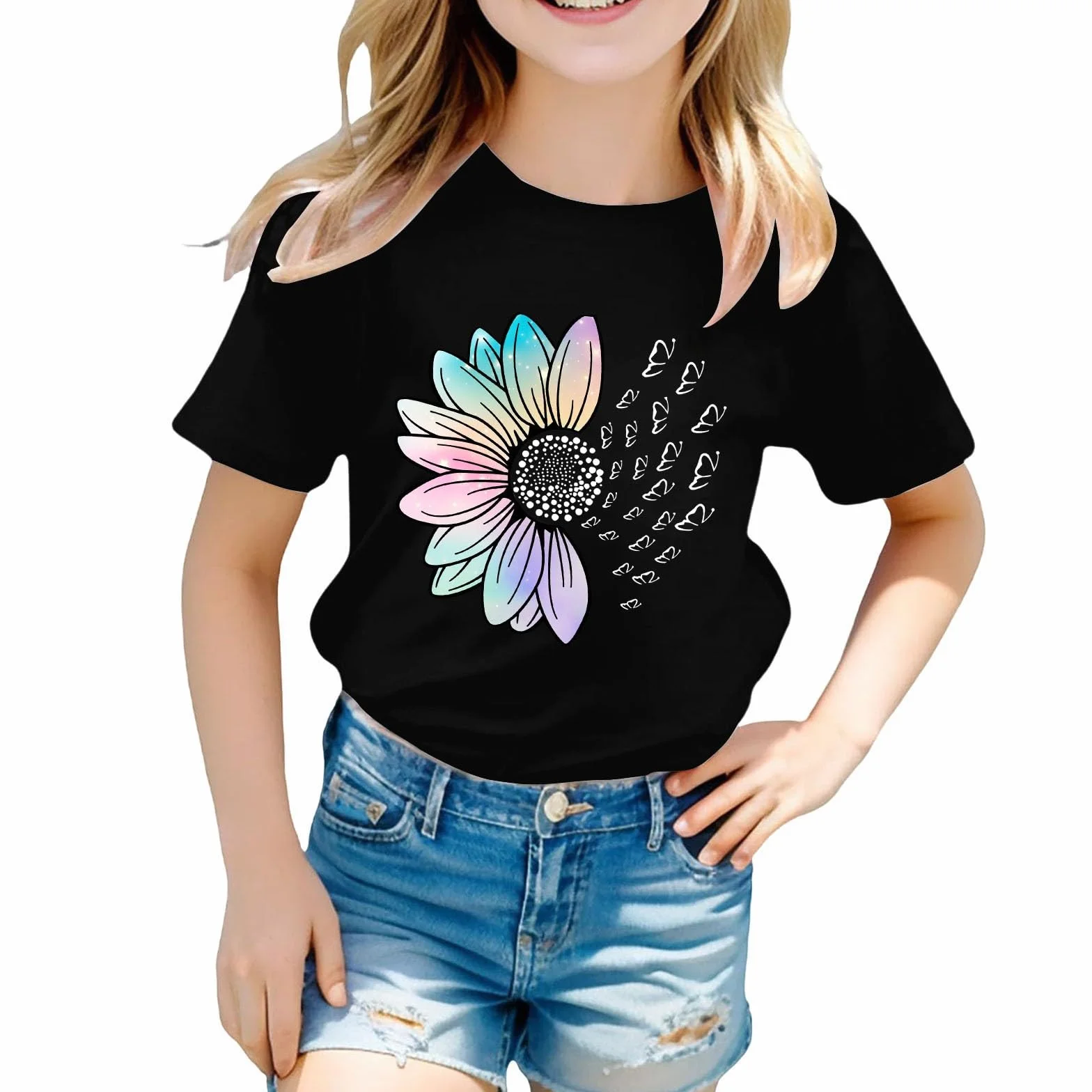 T-shirt graphique à manches courtes col rond pour filles - Motif mignon - Ample et doux - Chemisier d'été décontracté - Léger - Vêtements athlétiques