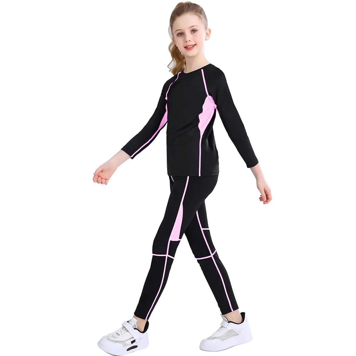 Linboo Survêtement de sport 2 pièces pour fille manches longues pantalon respirant élastique ensemble danse fitness enfants