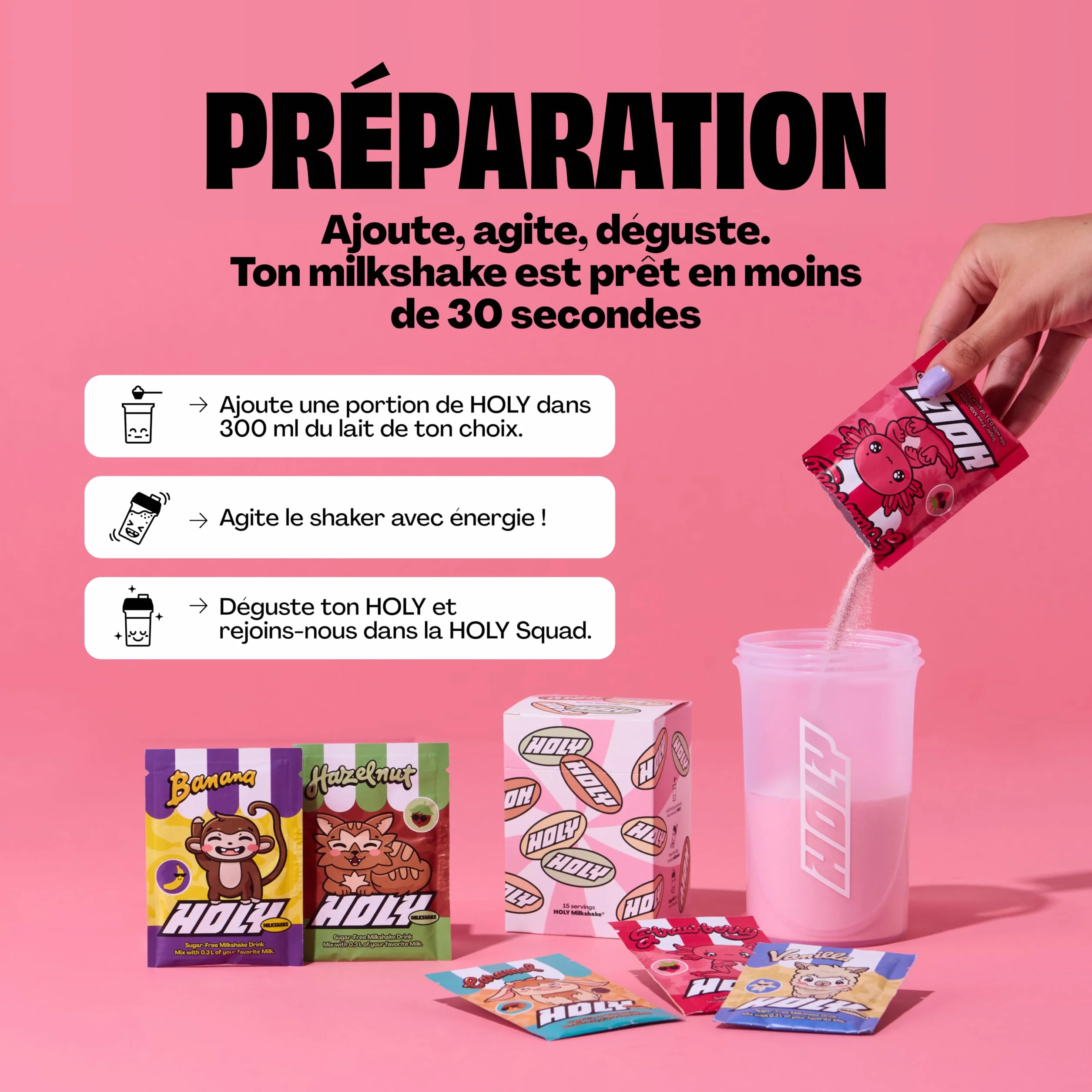 Kit de démarrage HOLY Milkshake - 3x5 variétés - avec vitamines B, C et D et arômes 100% naturels - sans sucre, sans caféine et végétalien - poudre pour milkshake hypocalorique, shaker inclus