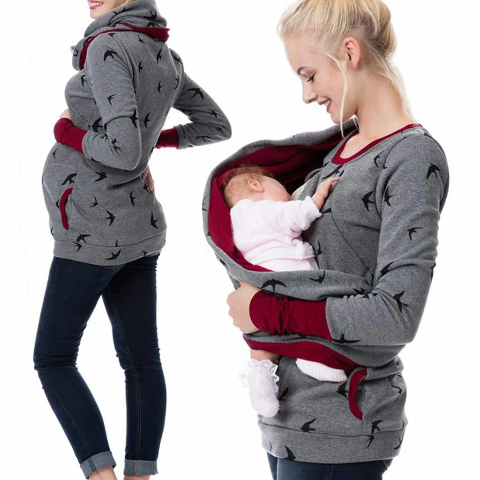 Hoodie de Maternité Sweat à Capuche Zippé pour Femmes Enceintes Veste Grossesse Casual avec Poches
