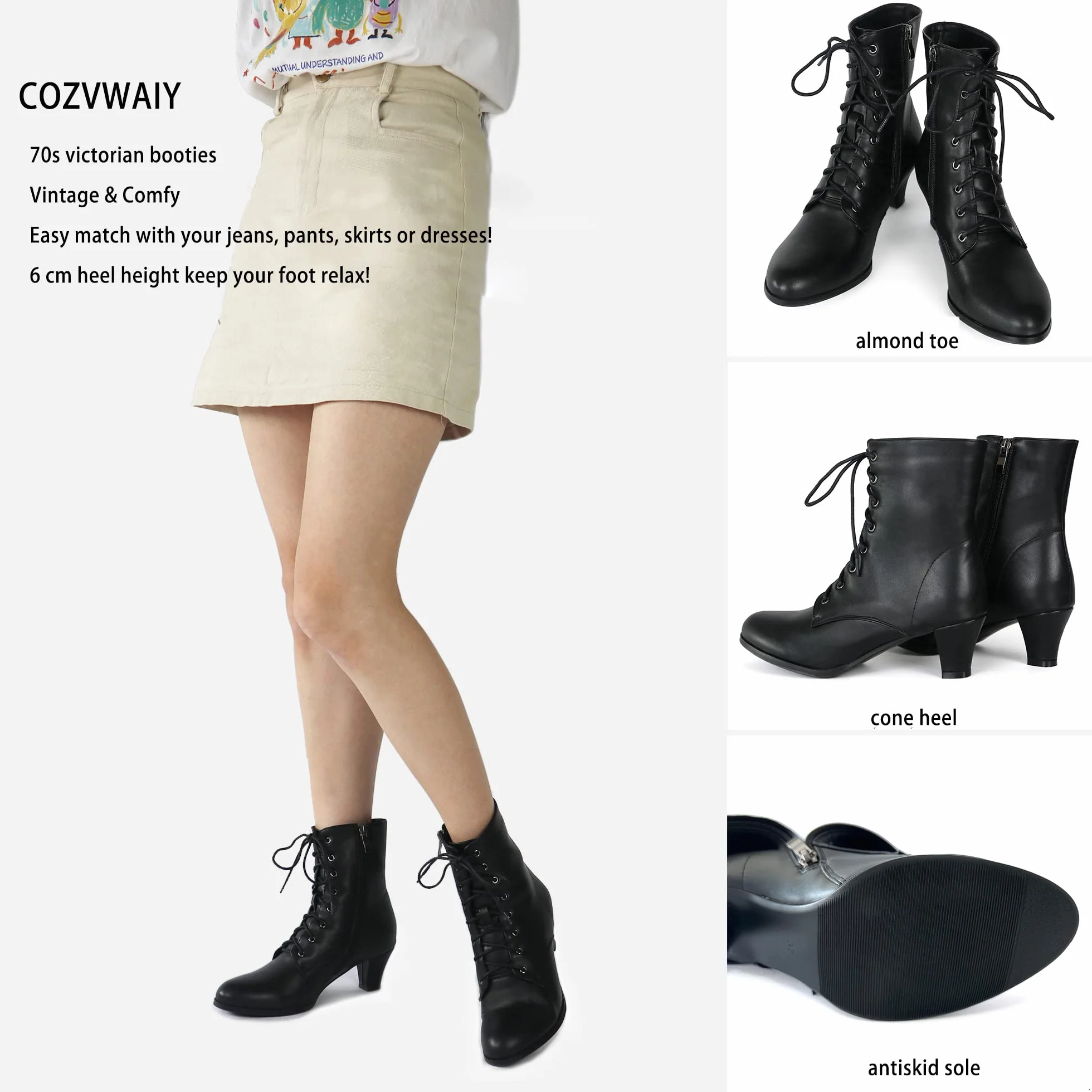 Cozivwaiy Bottes Victoriennes pour Femmes Lacets 70s Bottines Talon Moyen Cheville Steampunk Gothique