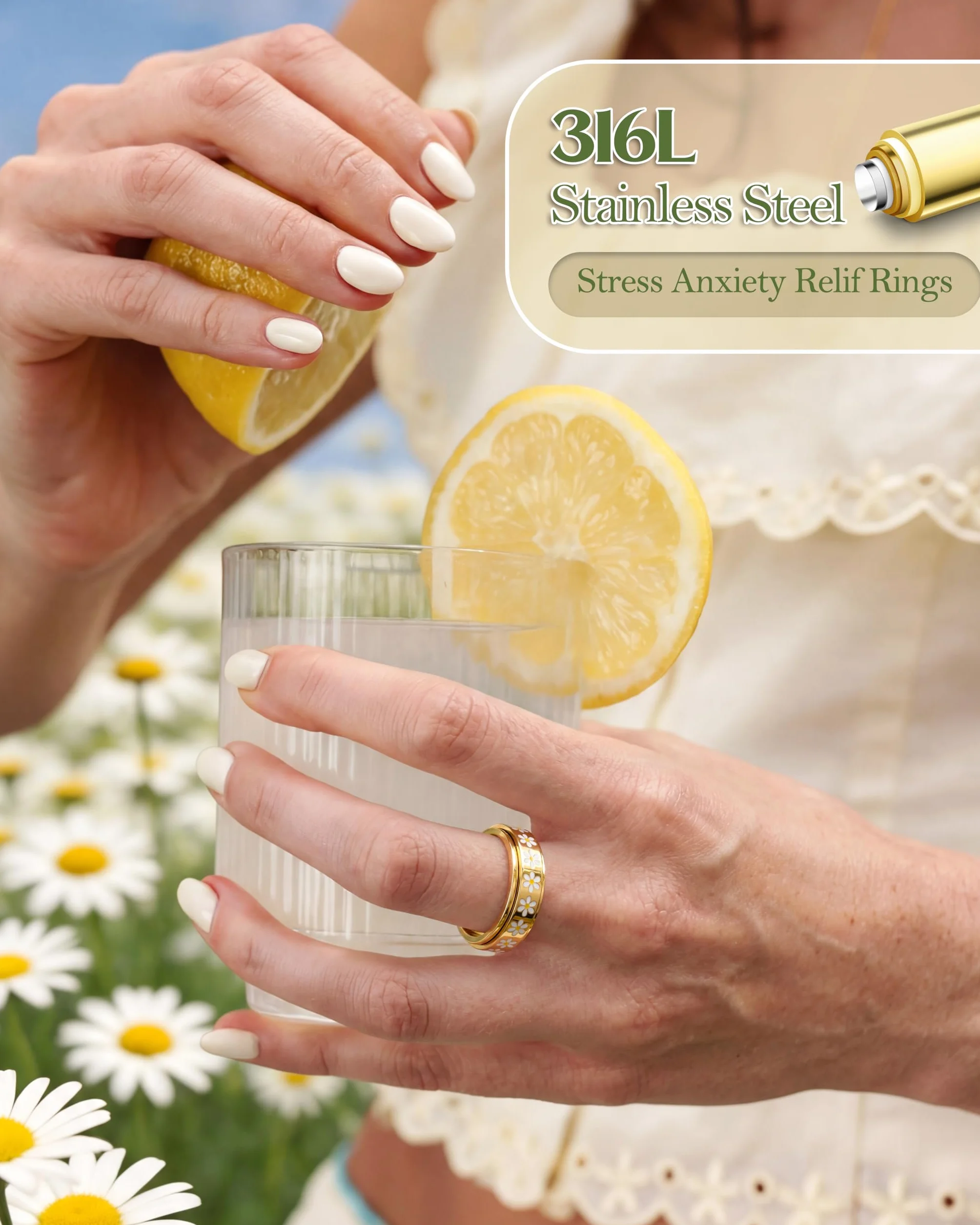 Bague Anti Stress Tournante Marguerite Acier Inoxydable Doré Argenté, Bague Fidget Spinner Fleur