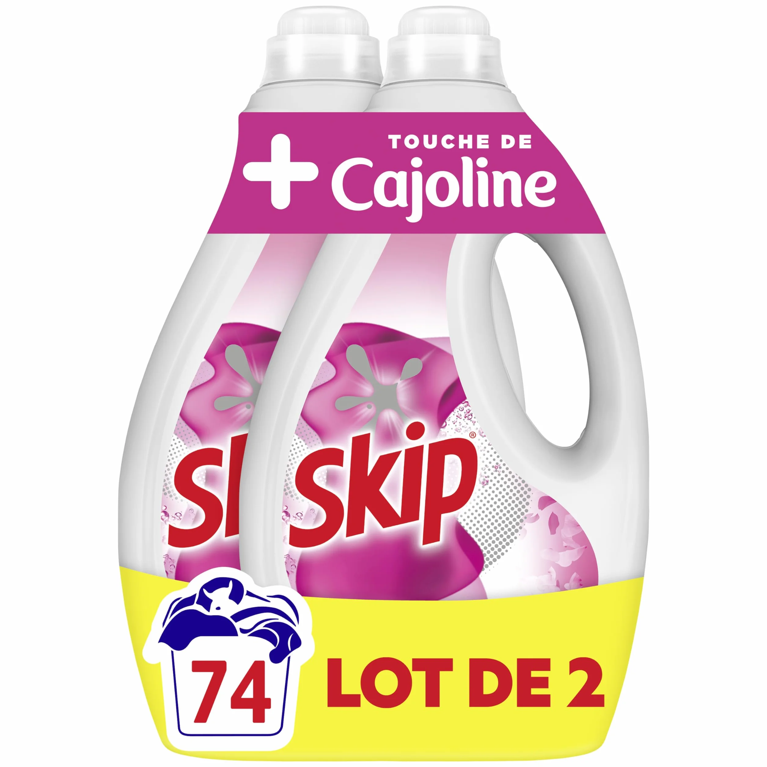 Skip Lessive Liquide Tout en 1 Touche de Cajoline, 74 Lavages | Lessive liquide efficace sur les taches, apporte douceur et parfum frais longue durée, adaptée aux cycles courts dès 30C