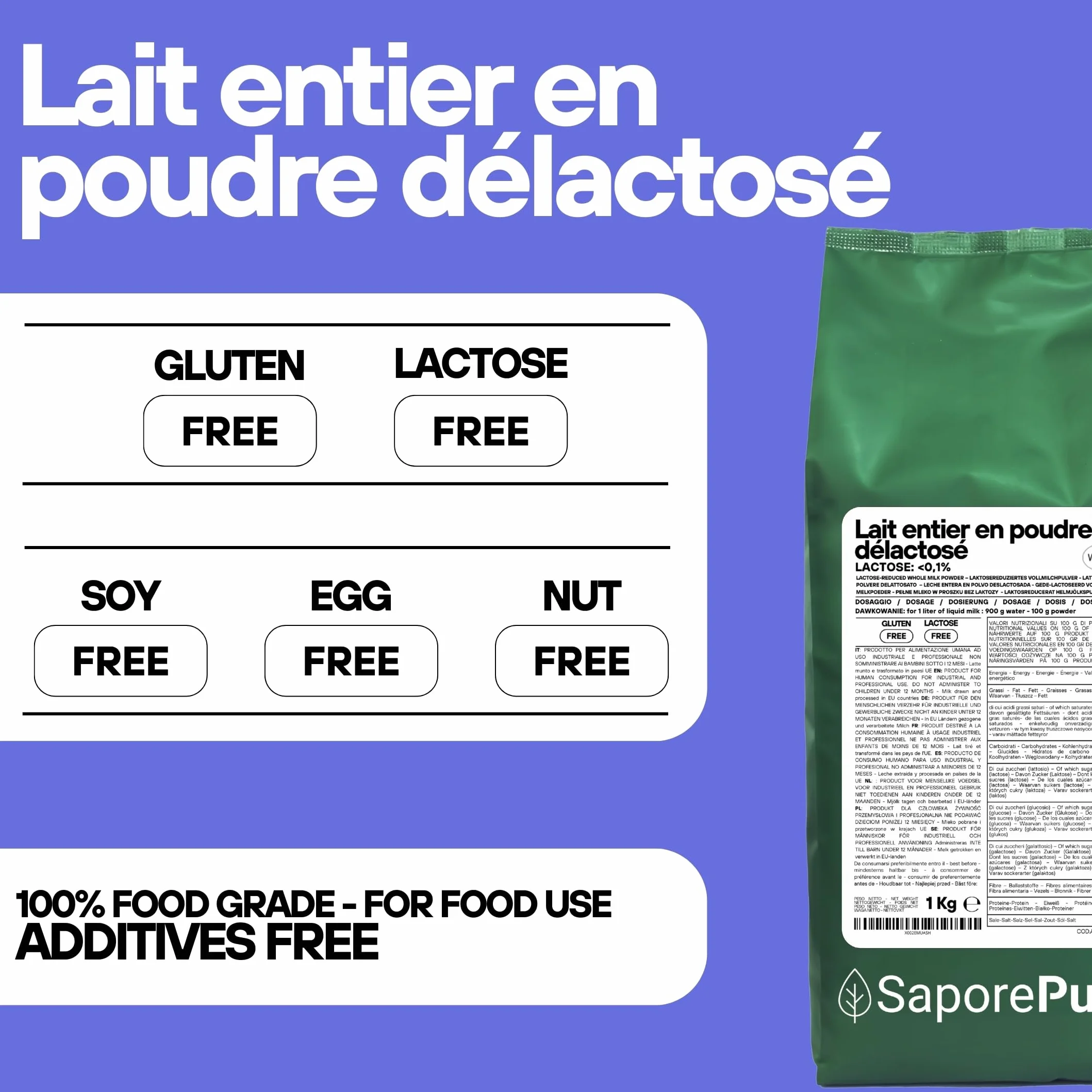 SaporePuro Lait Entier Déshydraté Sans Lactose 1 kg | Haute Solubilité | Idéal pour Pâtisseries, Pain et Glace Artisanale | Usage Professionnel et Industriel | Sans Lactose | Sans Gluten