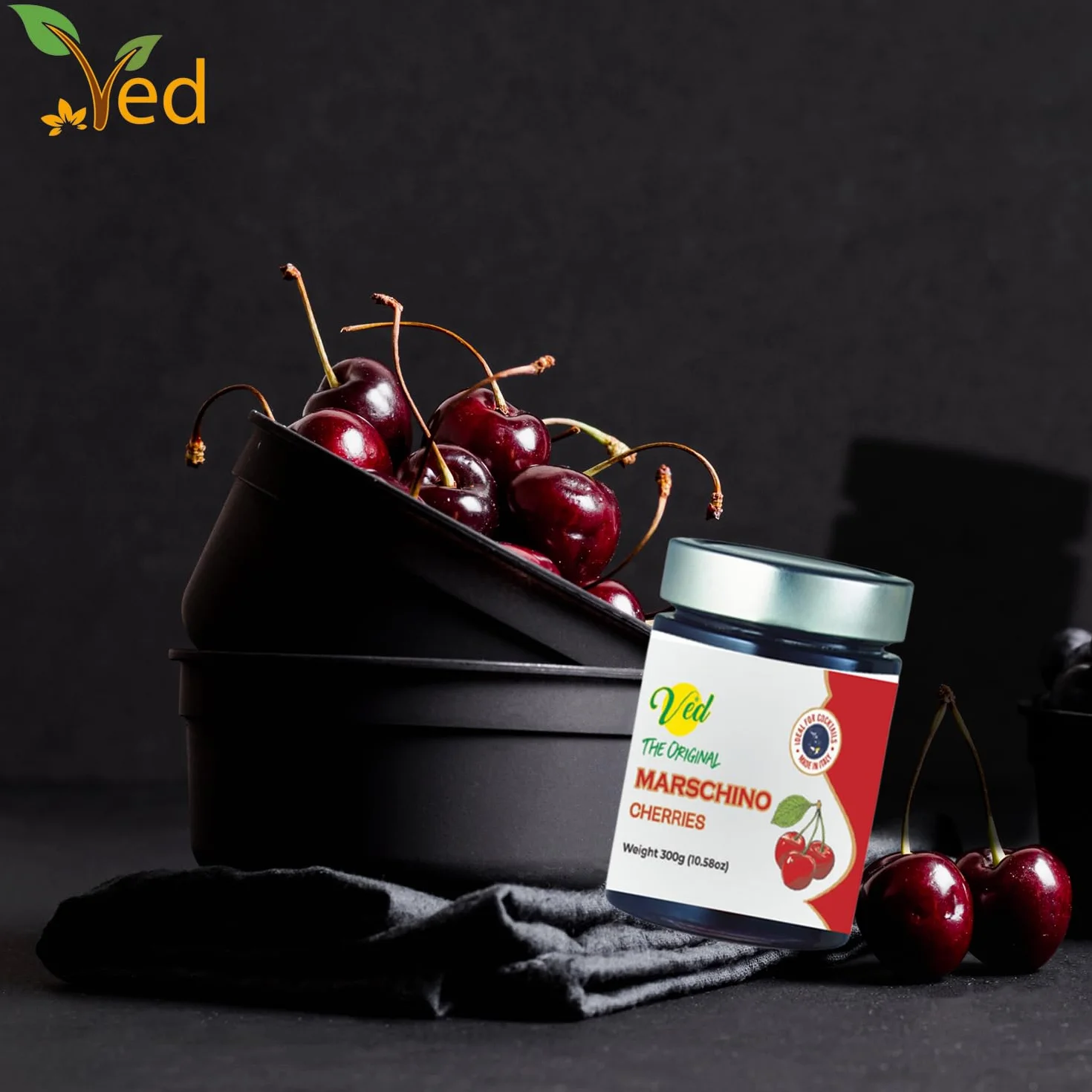 Ved Gourmet Original Red & Green Marasquin Cerises - Cerise Italienne pour Cocktails à l'Ancienne - Cocktail Vegan, Cerises Bourbon au Sirop Naturel pour Garniture Cocktail
