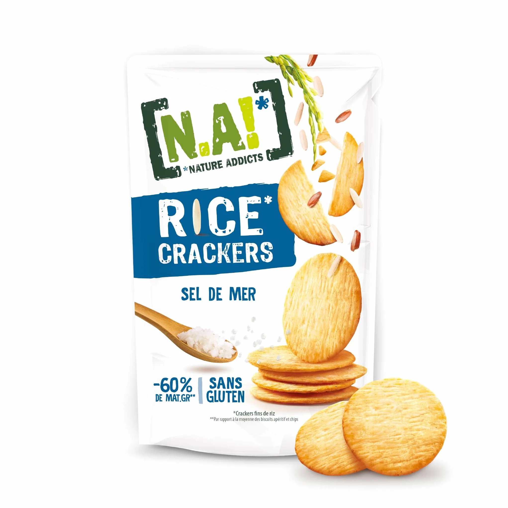 N.A! Nature Addicts - Rice Crackers Sel de Mer - 12 Sachets de 85 gr-Crackers Fins de Riz, Légers et Craquants - 60% de Matières Grasses en Moins que les Biscuits et Chips Apéritifs du Marché -