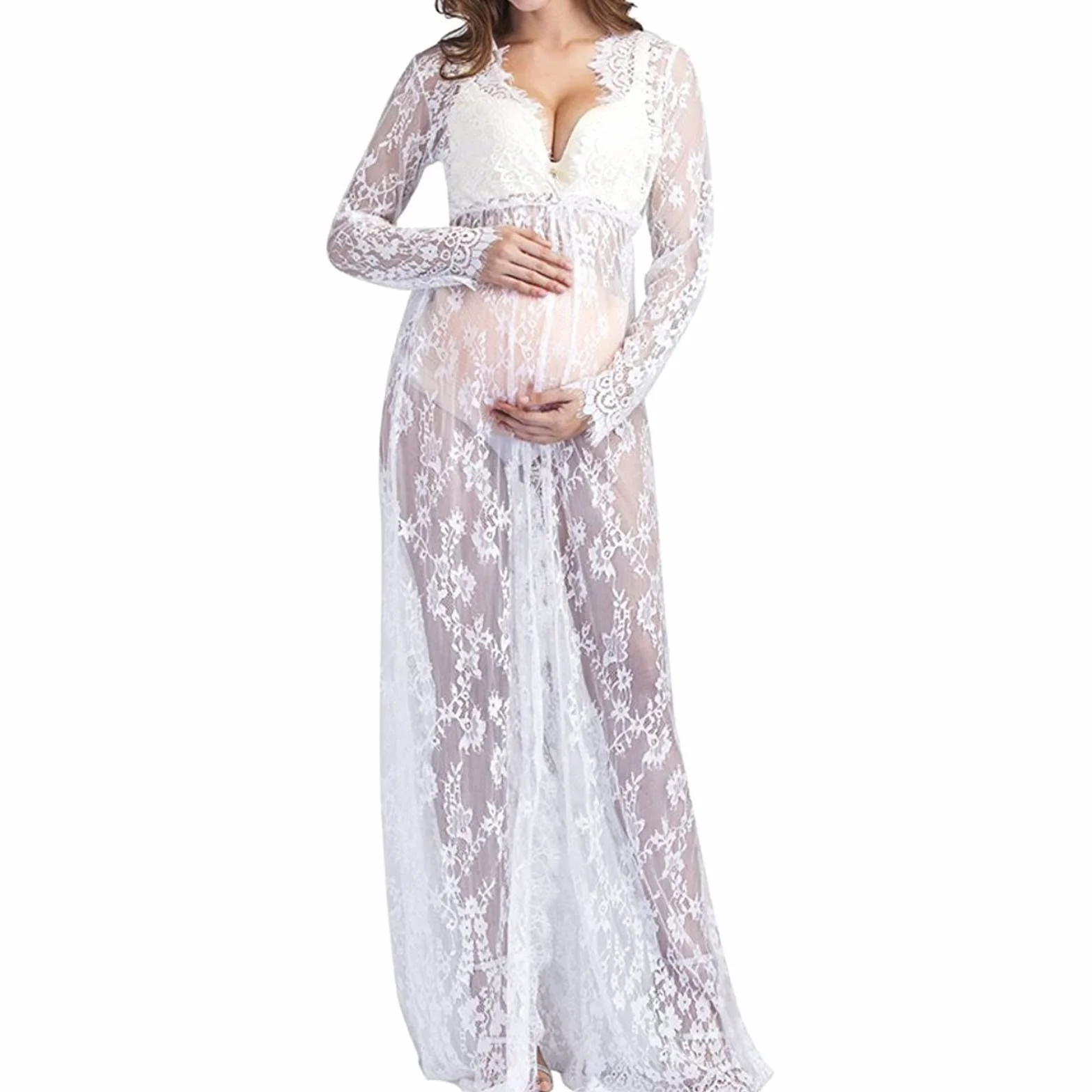 Robe Grossesse Chic Dentelle Manche Longue Col en V Maxi Robe Maternité Mariage Soirée