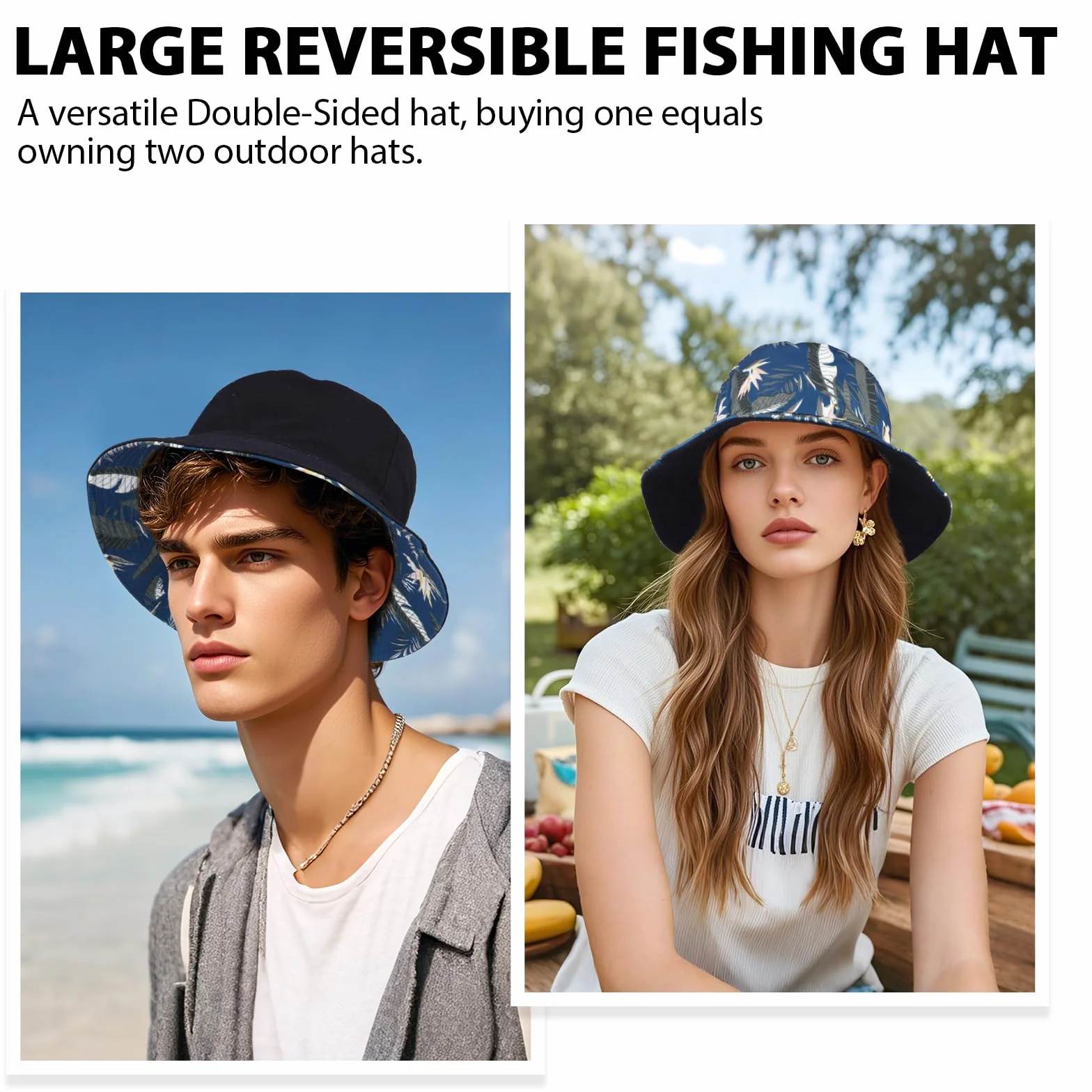 Bob Seau Chapeau Réversible Coton Unisexe Large Bord Imprimé Chapeau de Pêcheur Chapeau de Soleil Pliable Bucket Hat Homme Femme