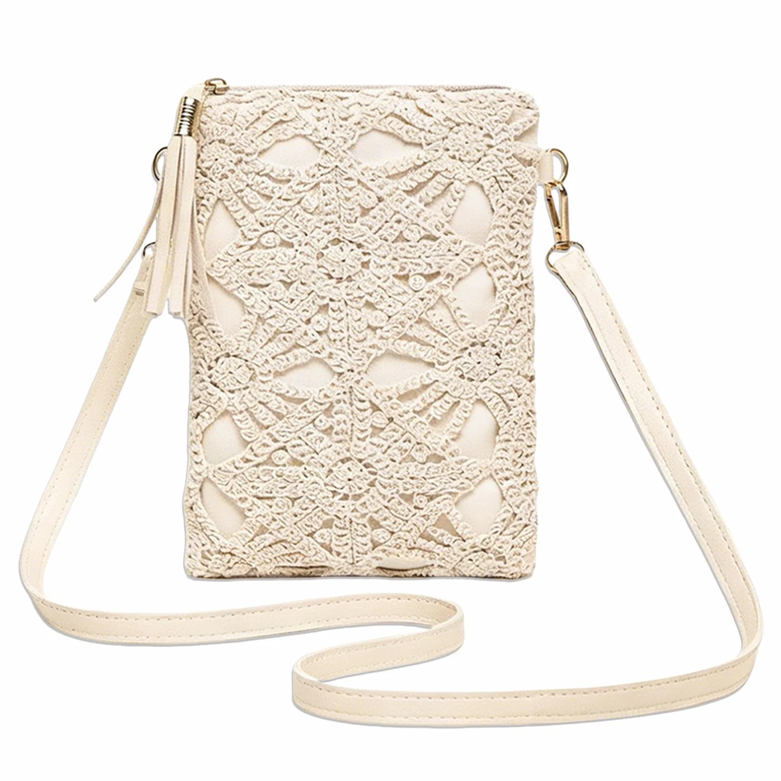 Sac à Main Femme Cuir Blanc Fleurs Ajourées Bandoulière Fermeture à Glissière Besace Pochette