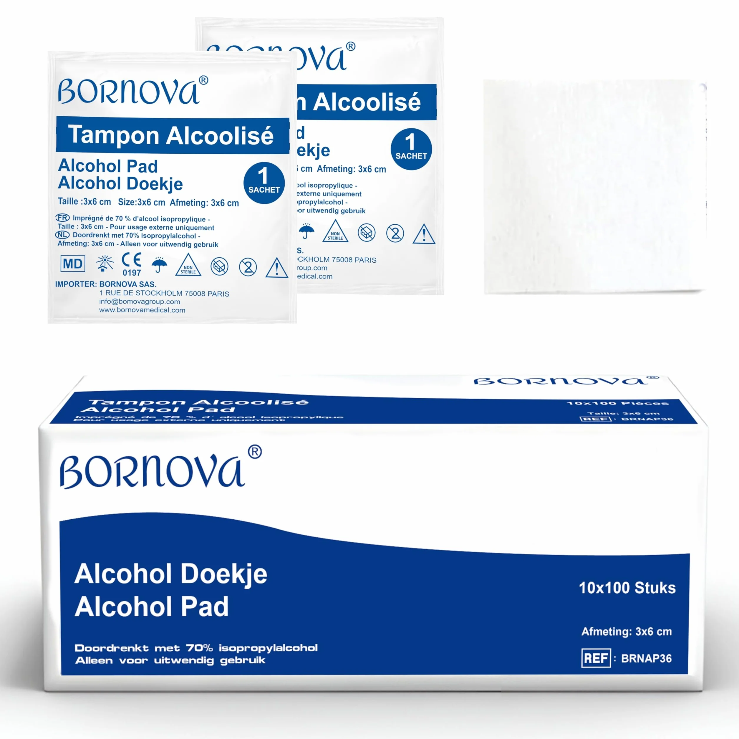 1000 PCS - Tampon tampons alc. imprégné – Lingette 3x6 cm pour nettoyage de la peau et objets – Usage unique – BORNOVA