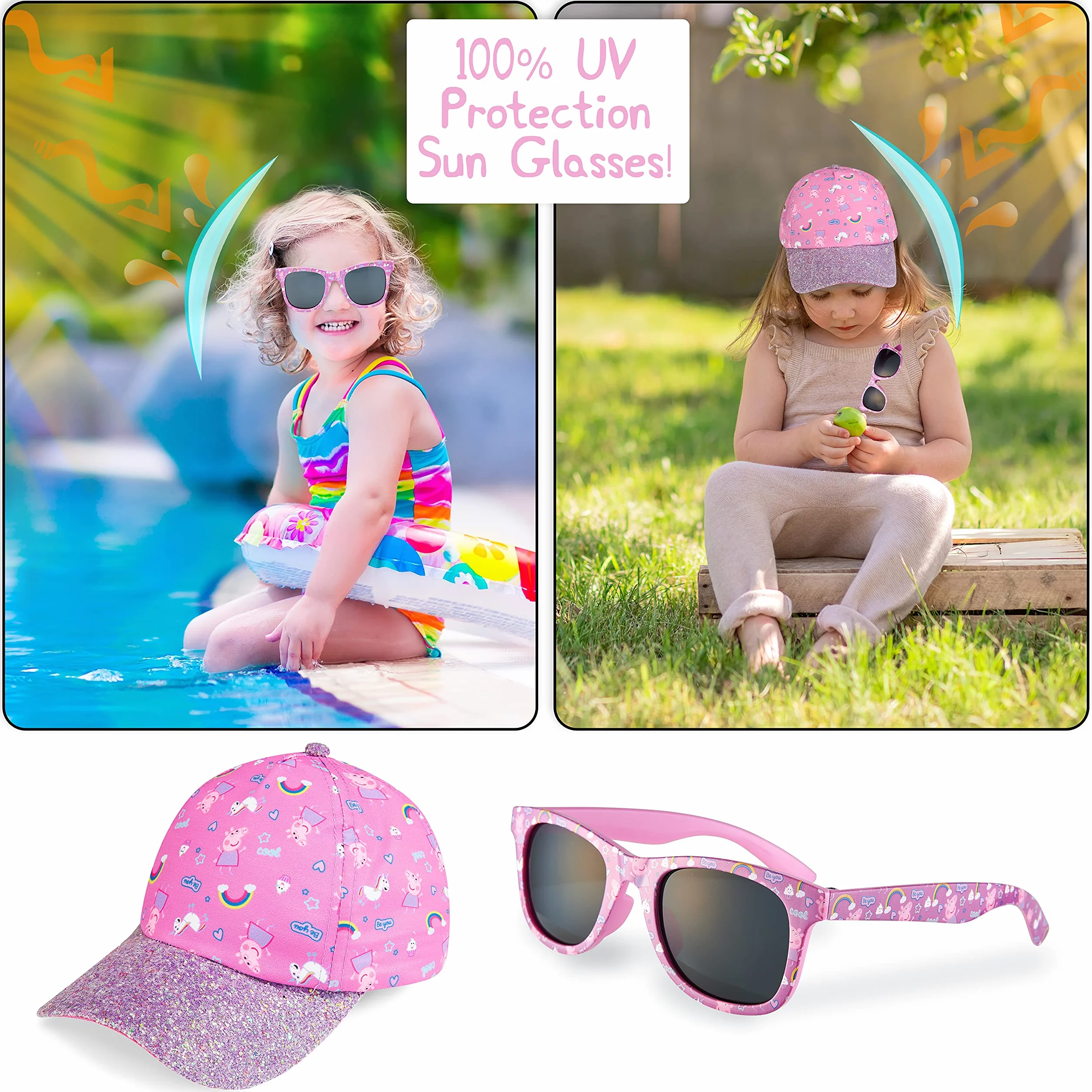 Peppa Pig Casquette Enfant Fille Lunettes de Soleil UV400 Baseball Brillante Accessoires Été