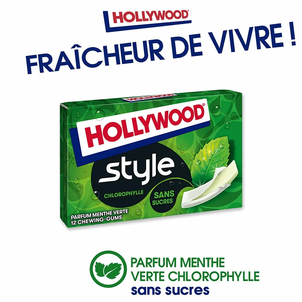Hollywood Chewing Gum Style Parfum Chlorophylle Sans Sucres Lot 18 paquets 12 gums 23 g
