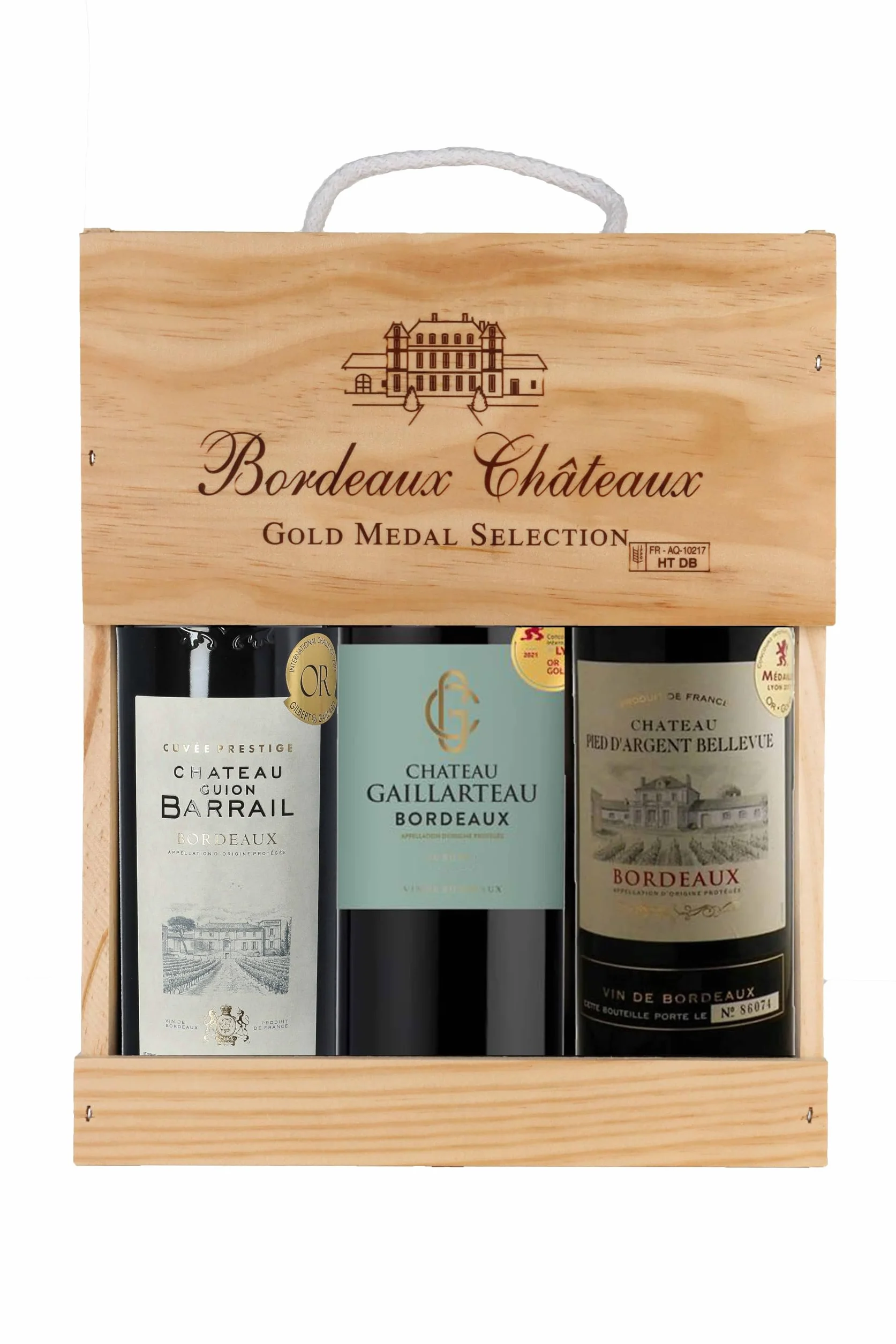 Sélection Bordeaux - Coffret cadeau vin rouge médaille d'or en caisse bois - Idéal pour offrir - Origine : Bordeaux, France (3 x 0.75 l)