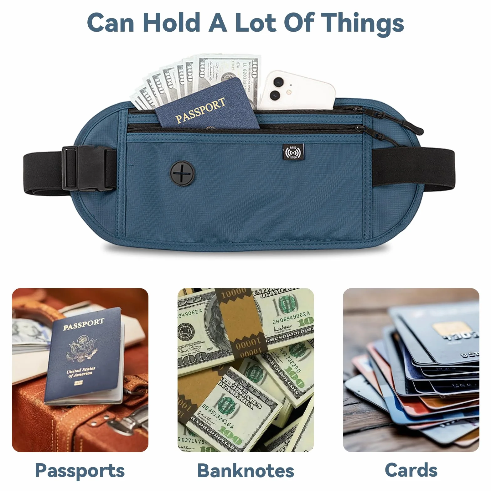 Ceinture de Voyage Sac Banane Antivol Caché Plat Réglable Homme Femme Passeport Smartphone Cartes Monnaie Clés Bleu Foncé