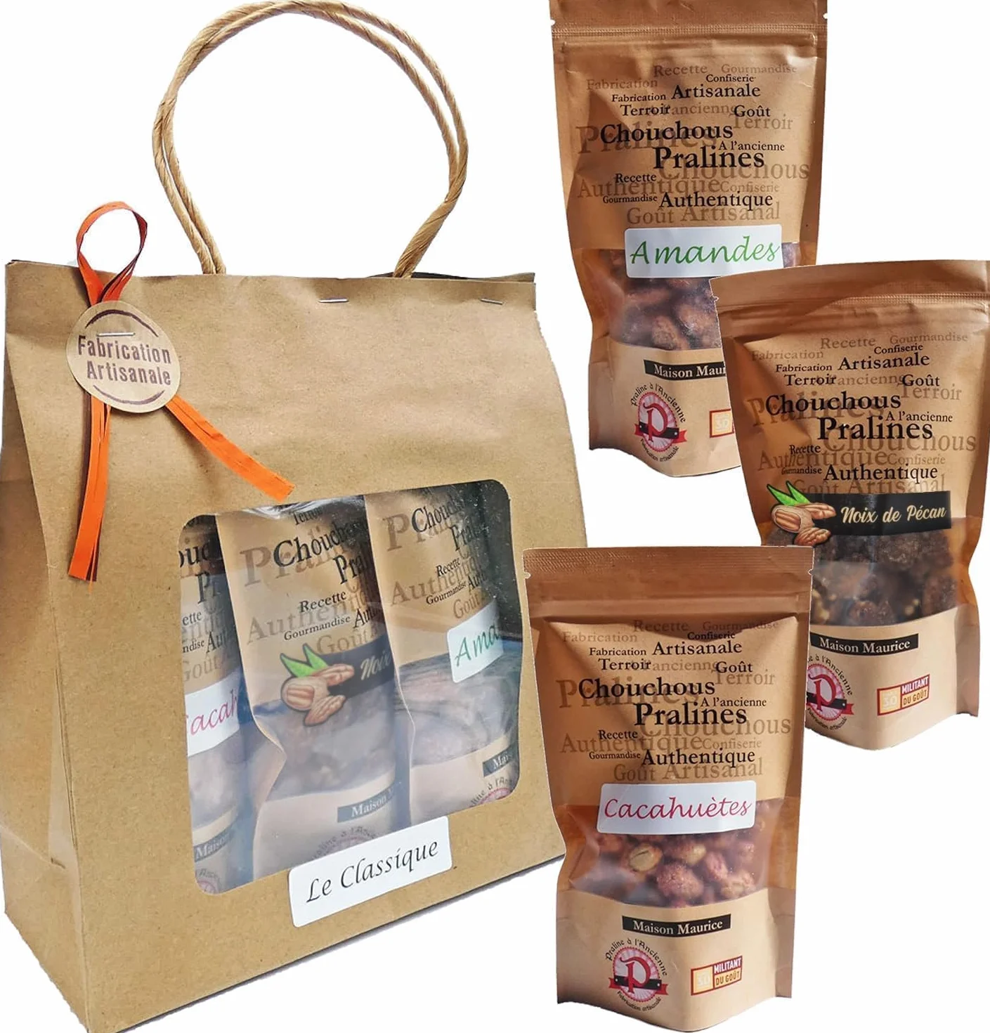 Pralines à l’Ancienne - Coffret Cadeau Pralines « Classiques » - Chouchous Friandise Artisanale- Amandes, Noix de Pécan, Cacahuètes - 3 Sachets Encas Apéritif -430 gr- Fabriquées en France