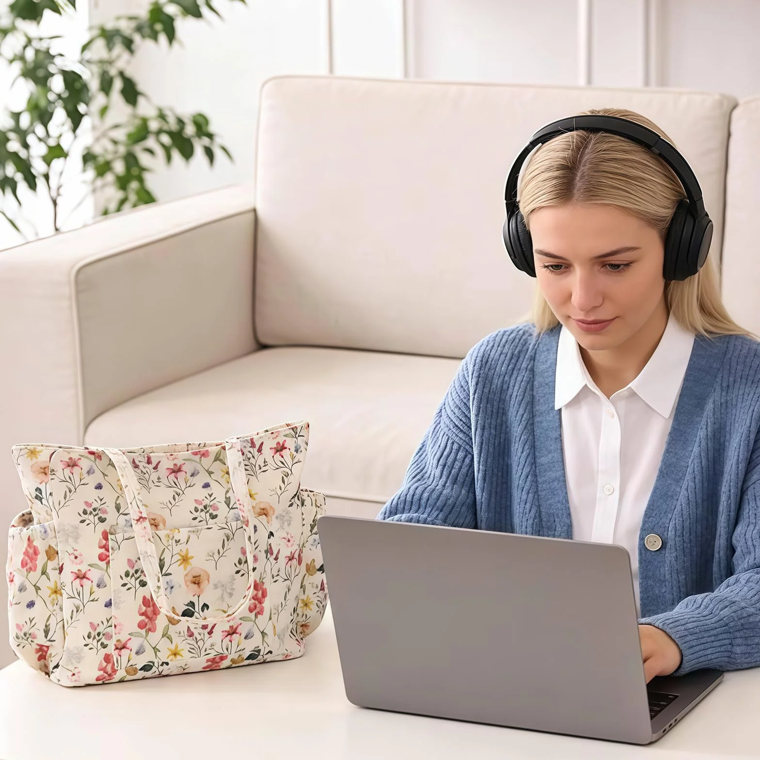 Grande Sac Shopping en Côtelé pour Femmes, Sac à Épaule en Toile Réutilisable avec Fermeture Éclair et Poches Multiples