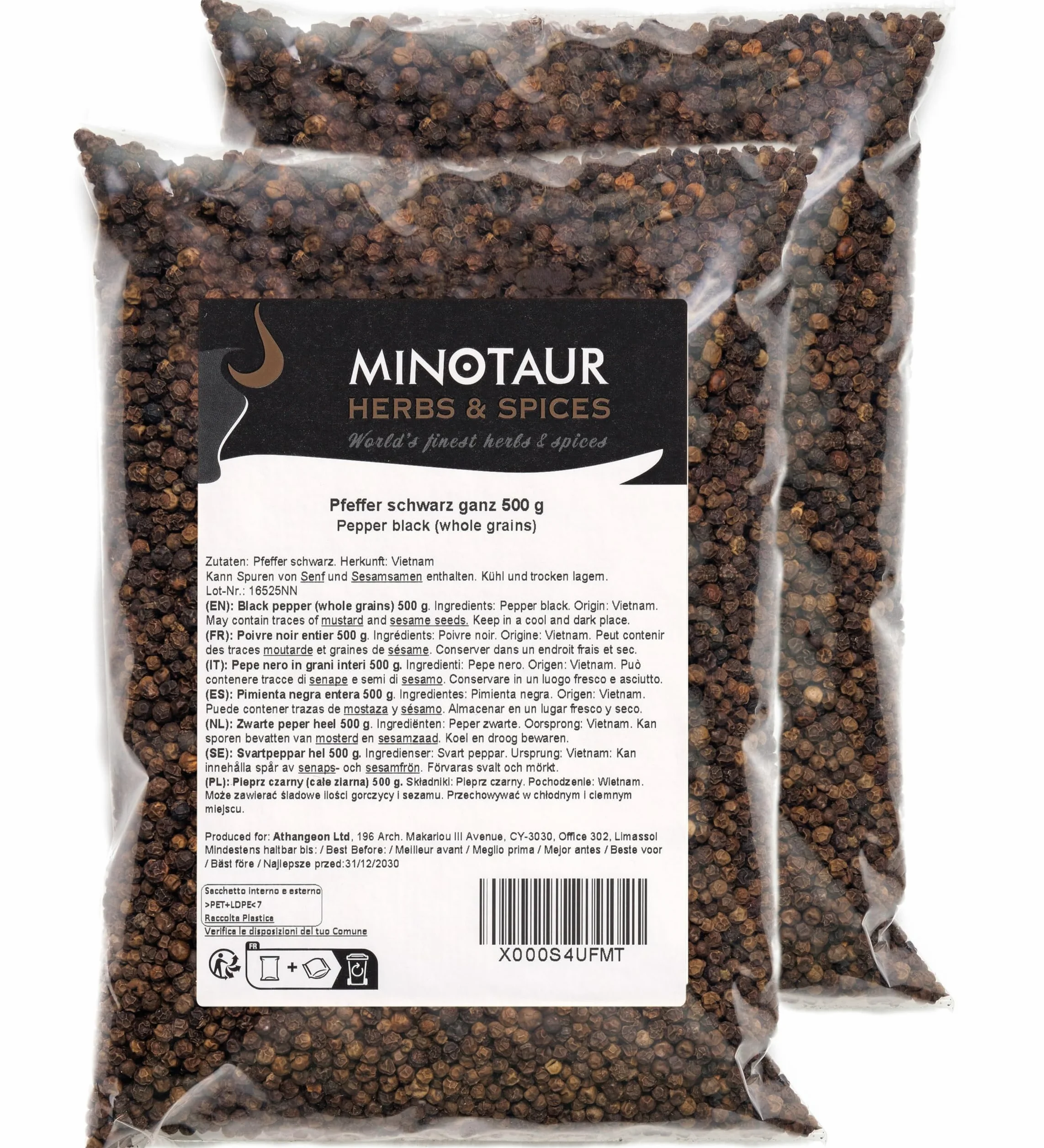 Minotaur Spices | Poivre noir, Poivre en grains entier, 2 x 500 g (1 kg)
