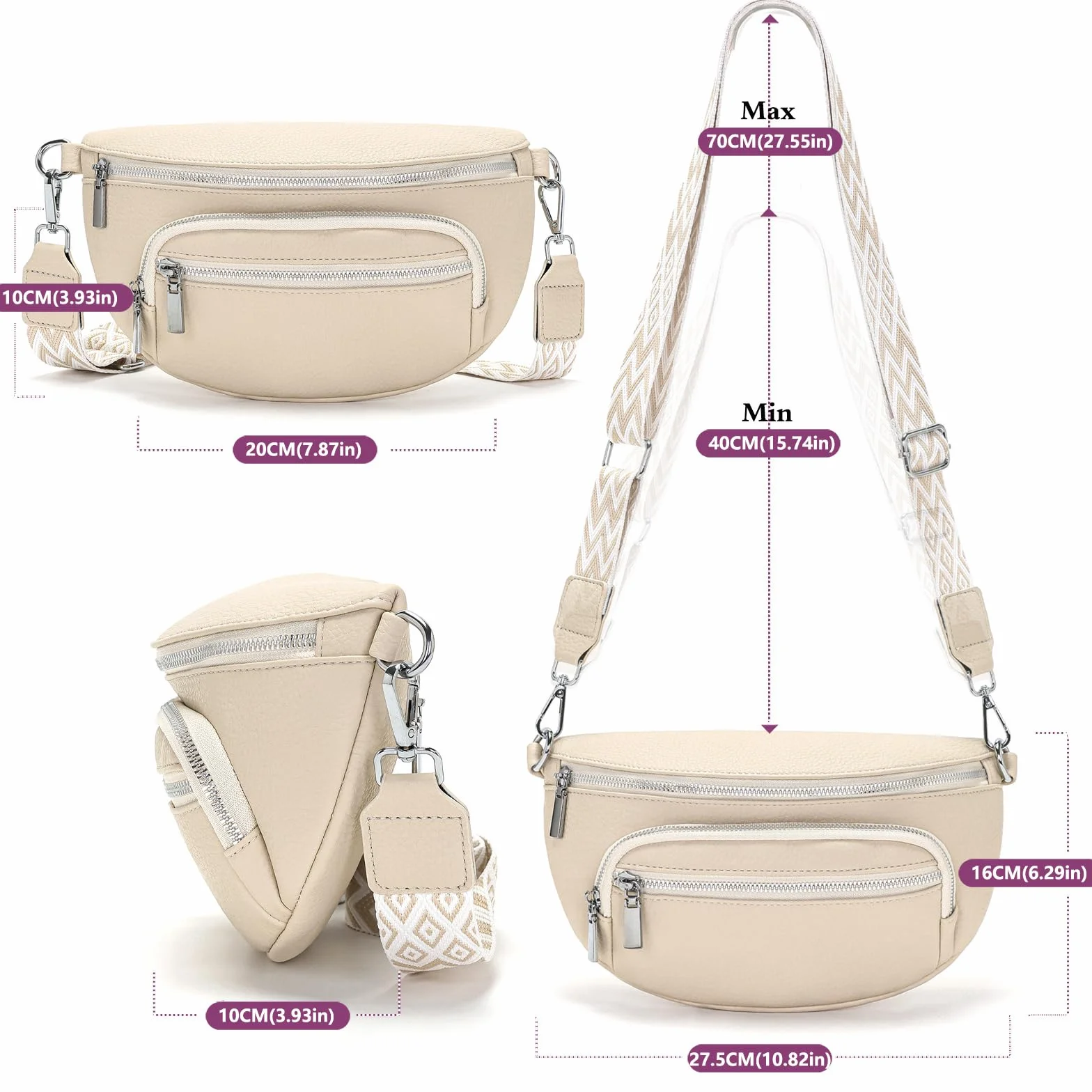 Sac banane femme Beige cuir vegan bandoulière amovible réglable