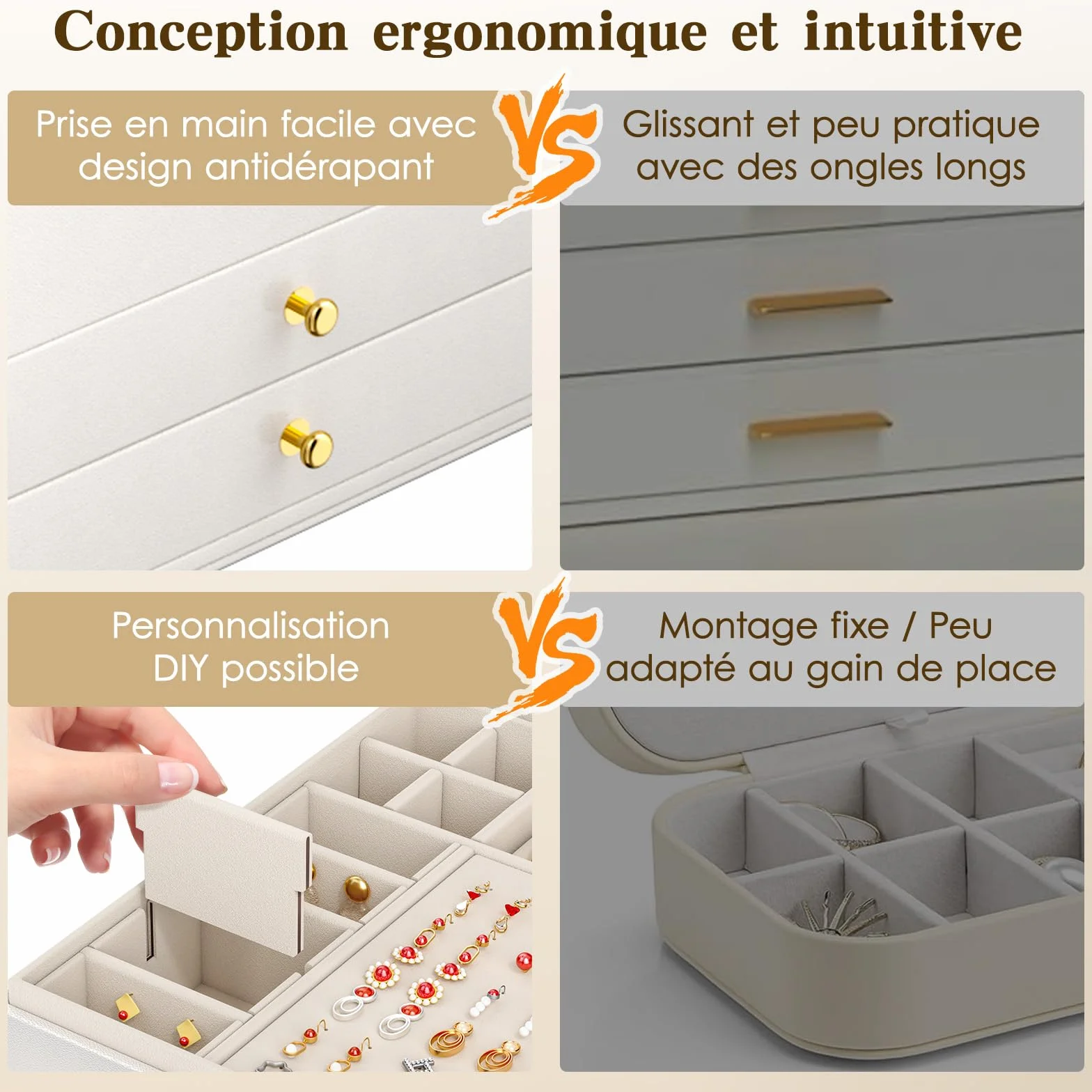 Grande Boîte à Bijoux 3 Niveaux 24 Compartiments Couvercle Transparent