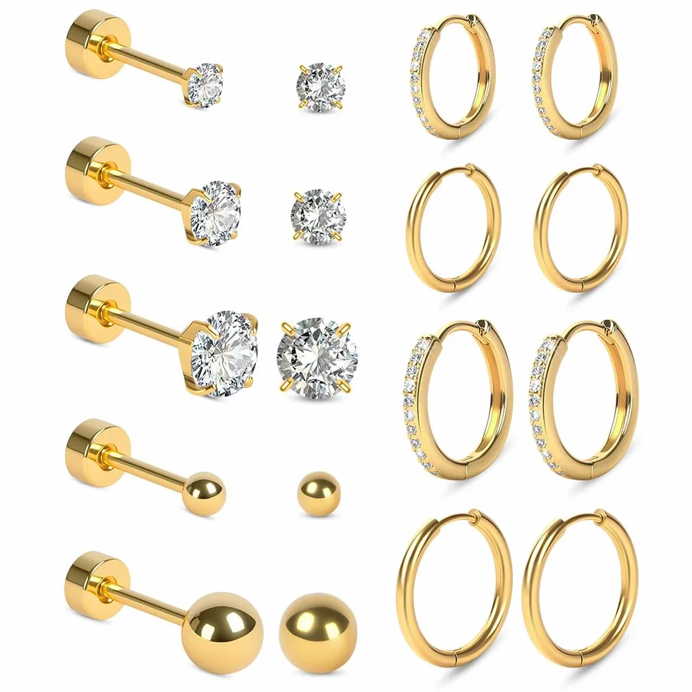 Boucles d'Oreilles Acier Inoxydable 9 Paires Femmes Creoles Clous Hypoallergéniques Cartilage Helix