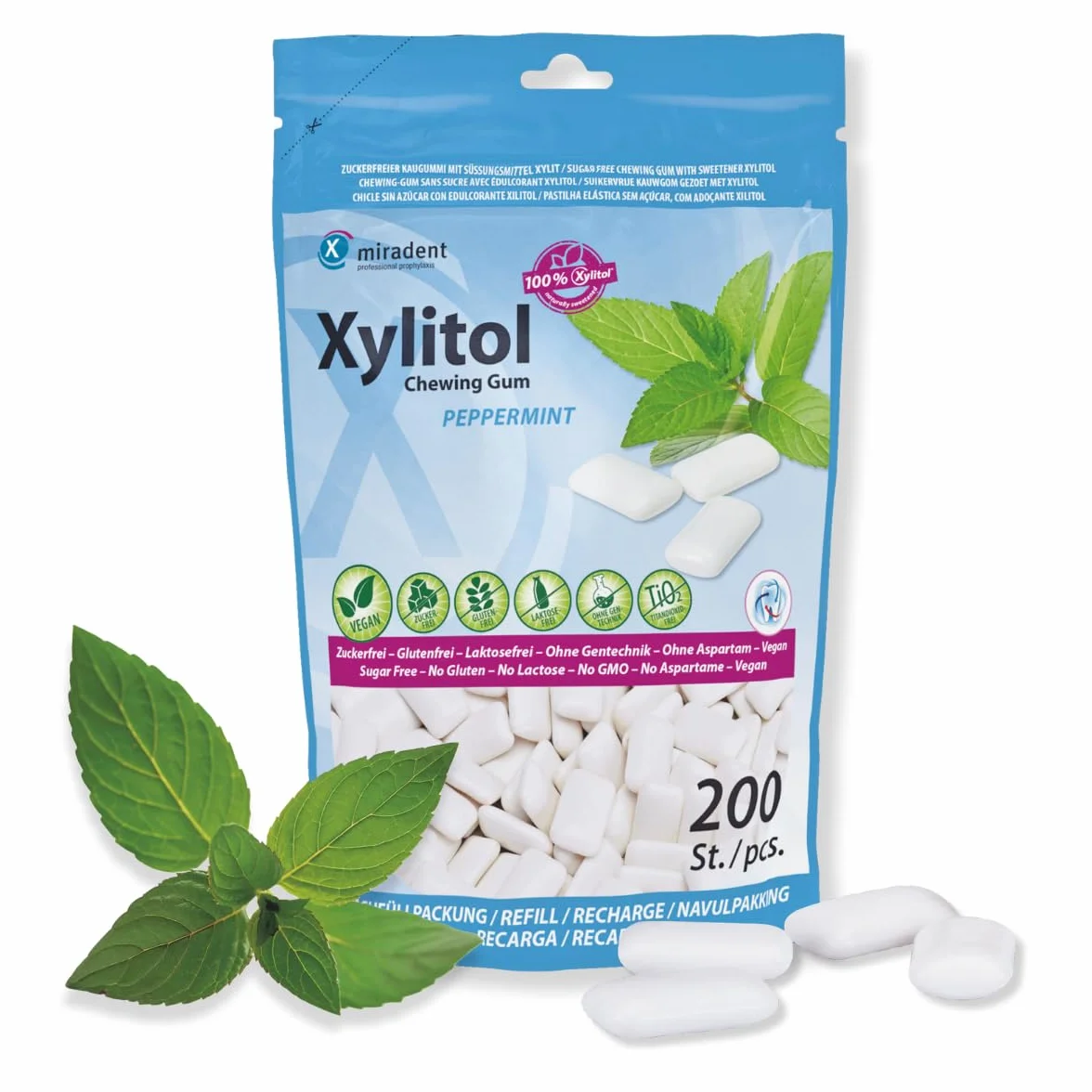 Miradent Chewing-gum dentaire au xylitol Pack économique 200 pcs goût Menthe poivrée sans sucre vegan