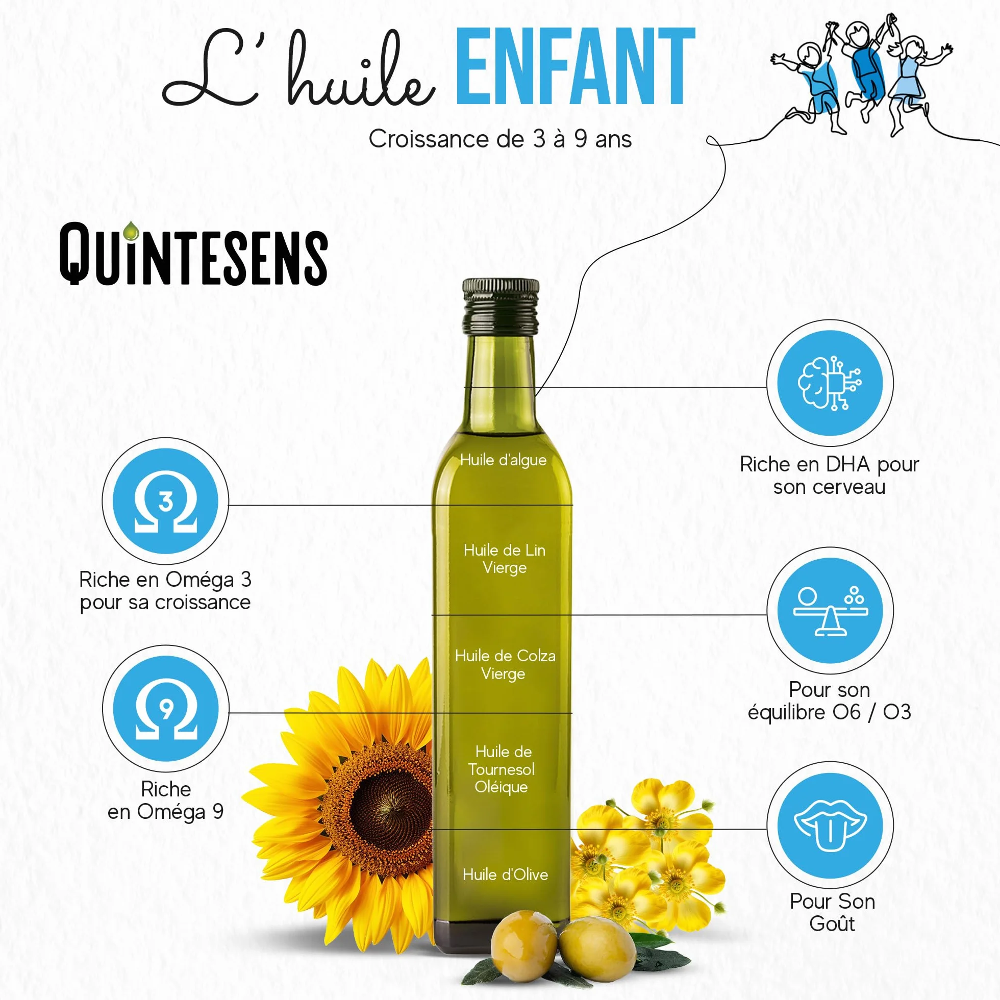 Lot 3 Huiles Enfant QUINTESENS 250ml - Apports en DHA, Oméga 3, 6 & 9 et Vitamine E pour un Développement Solide pour la Vie - Production 100% Française & Biologique