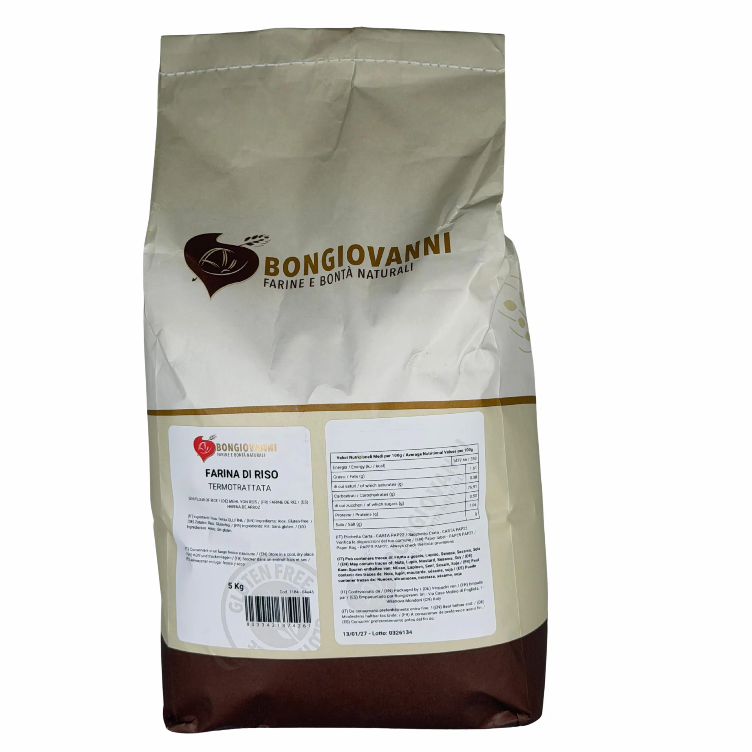 Bongiovanni Bontà Naturali Farine de Riz Traitée Thermiquement Sans Gluten Saveur Naturelle en Poudre 5 kg