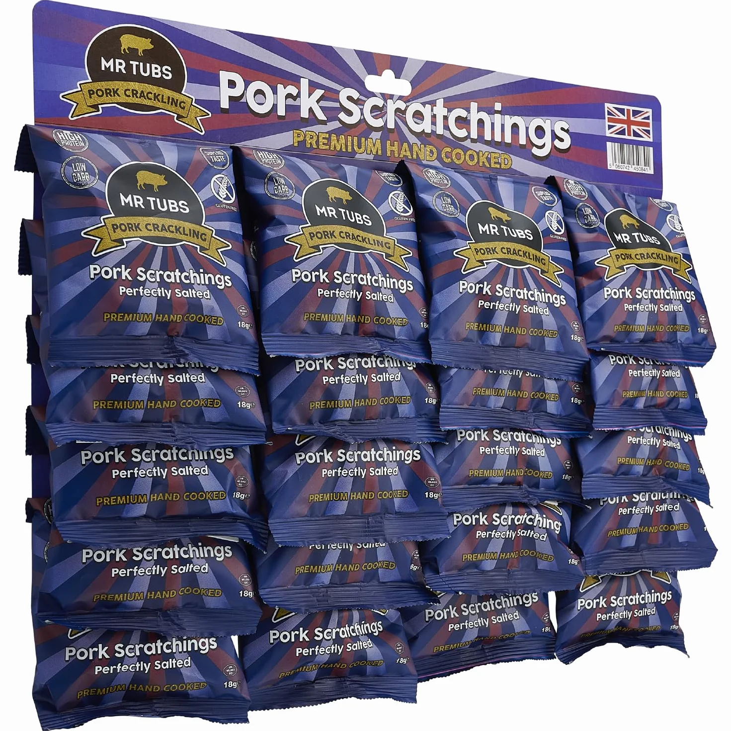 Grattons de Porc de Qualité Mr Tubs Premium Pork Scratchings – Sans Gluten – Salés A La Perfection, 20 Sachets De 18 G – Style Pub, Faible Teneur En Glucides (20 sachets de 18 g)