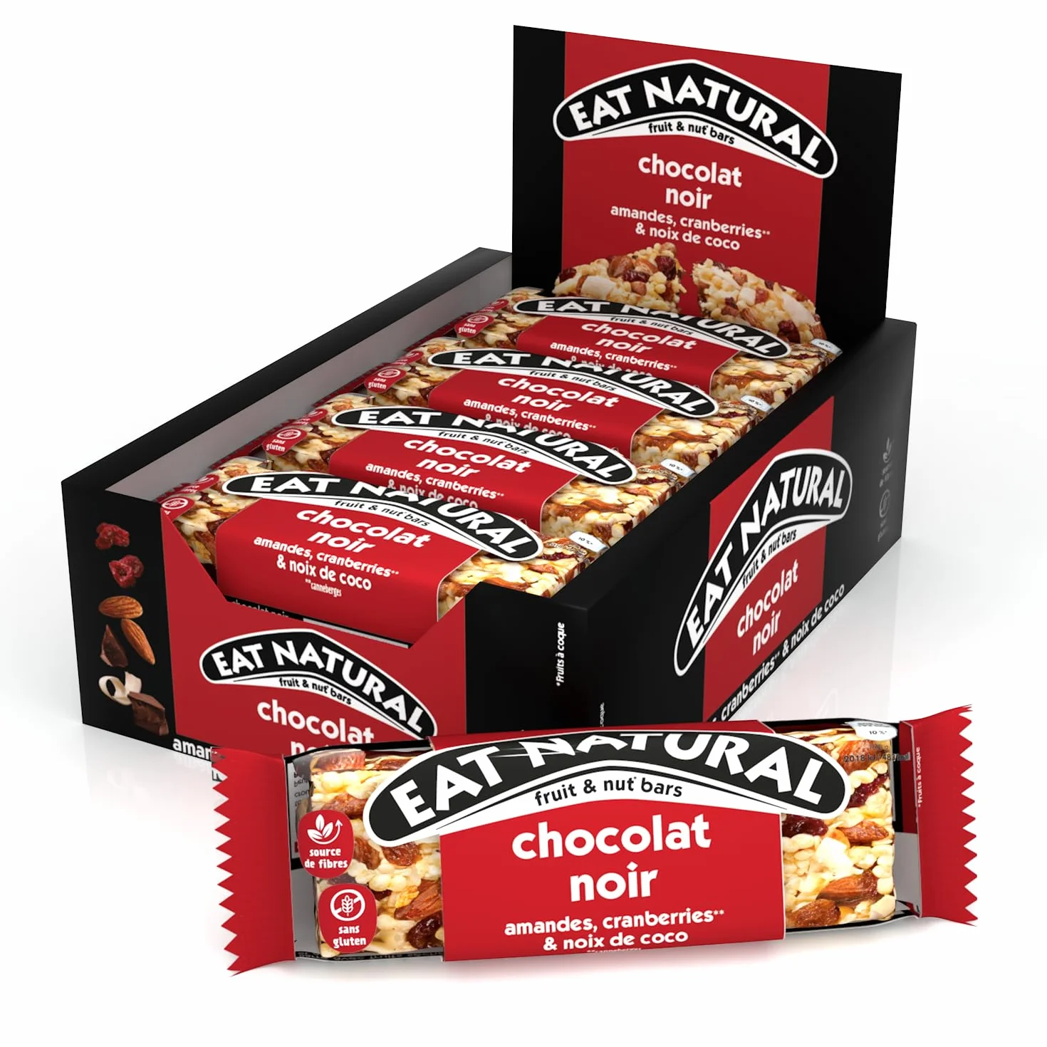 EAT NATURAL - Barres sans gluten - Cranberries, amandes, noix de coco et chocolat noir - 12 barres de 40g