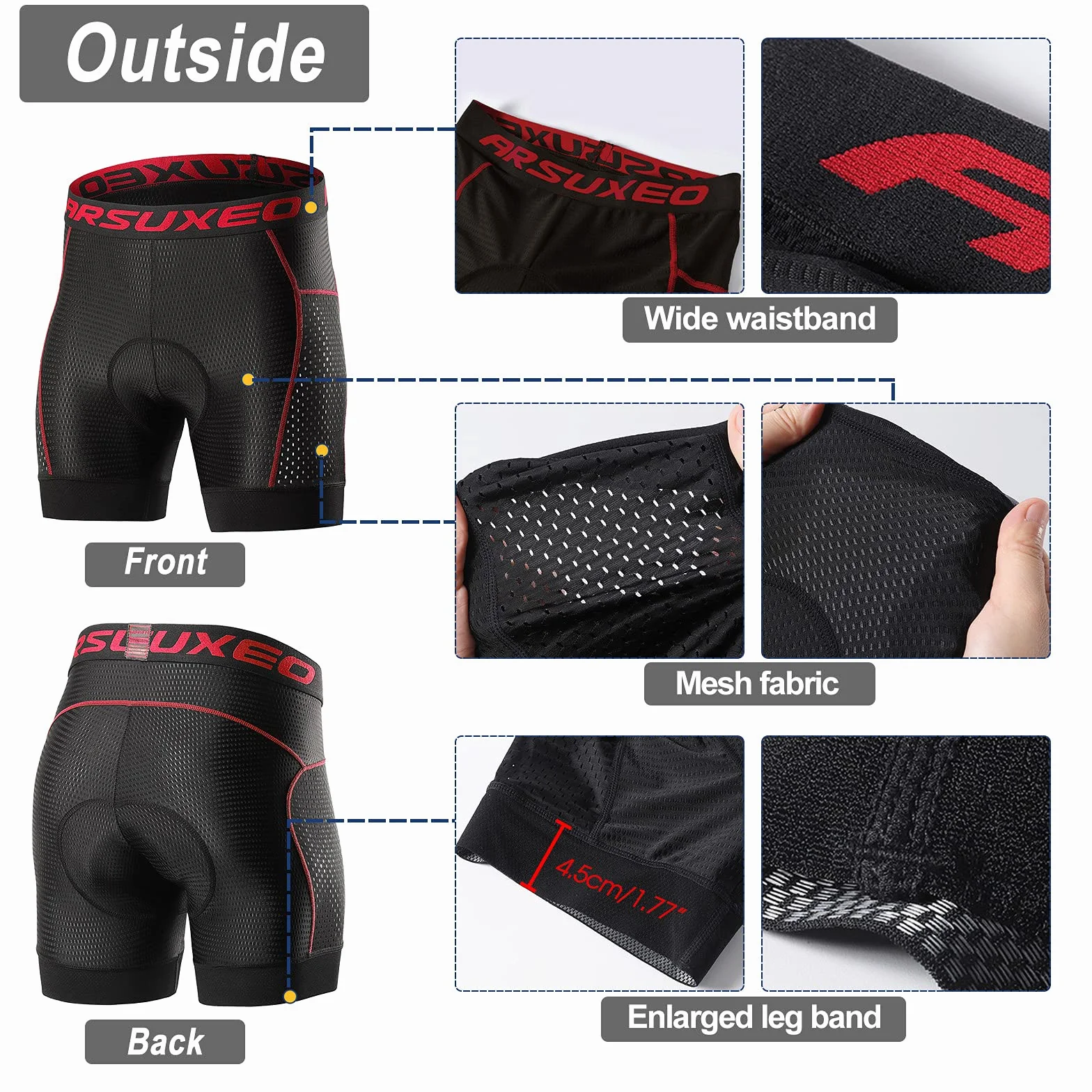 ARSUXEO Short de Cyclisme Homme 5D Gel Padded MTB Underhorts U06