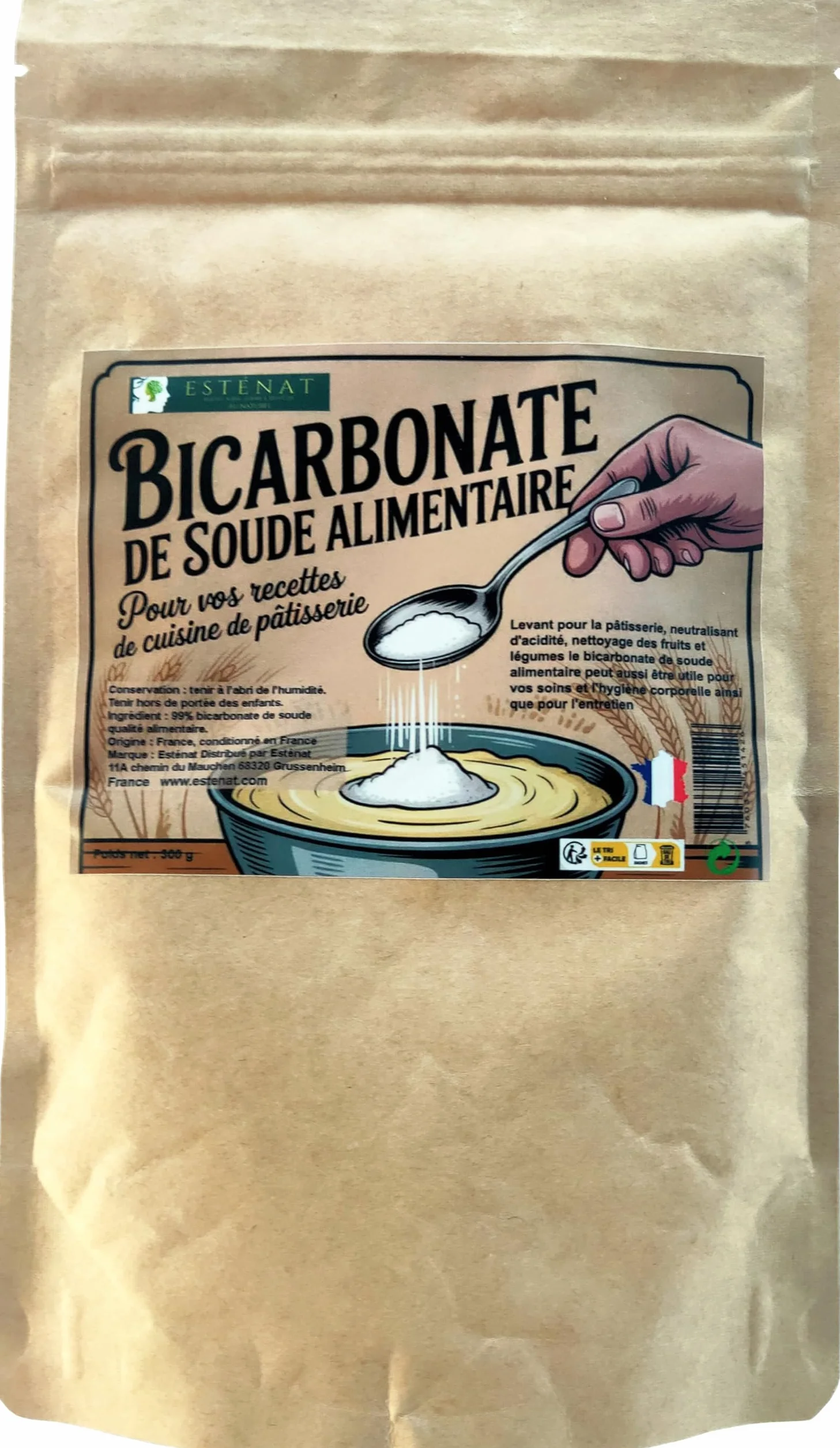 Bicarbonate de Soude Alimentaire 300g - Qualité Extra-Fine Pâtisserie & Cuisine - Pur & Sans Additifs - Multi-Usages : Digestion, Soins Corps & Entretien Écologique - Origine France - ESTÉNAT