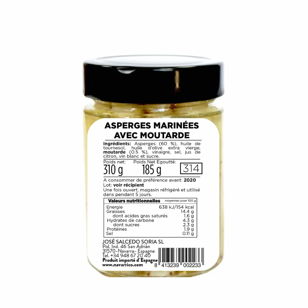 El Navarrico - Asperges Blanches Assaisonnées à la moutarde | Agriculture traditionnelle | Naturel et Frais | Conditionnement de 310g