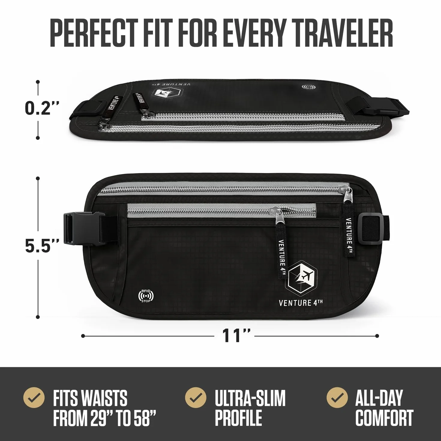 Venture4th Ceinture Portefeuille de Voyage Sécurité RFID Cachée Taille Noir