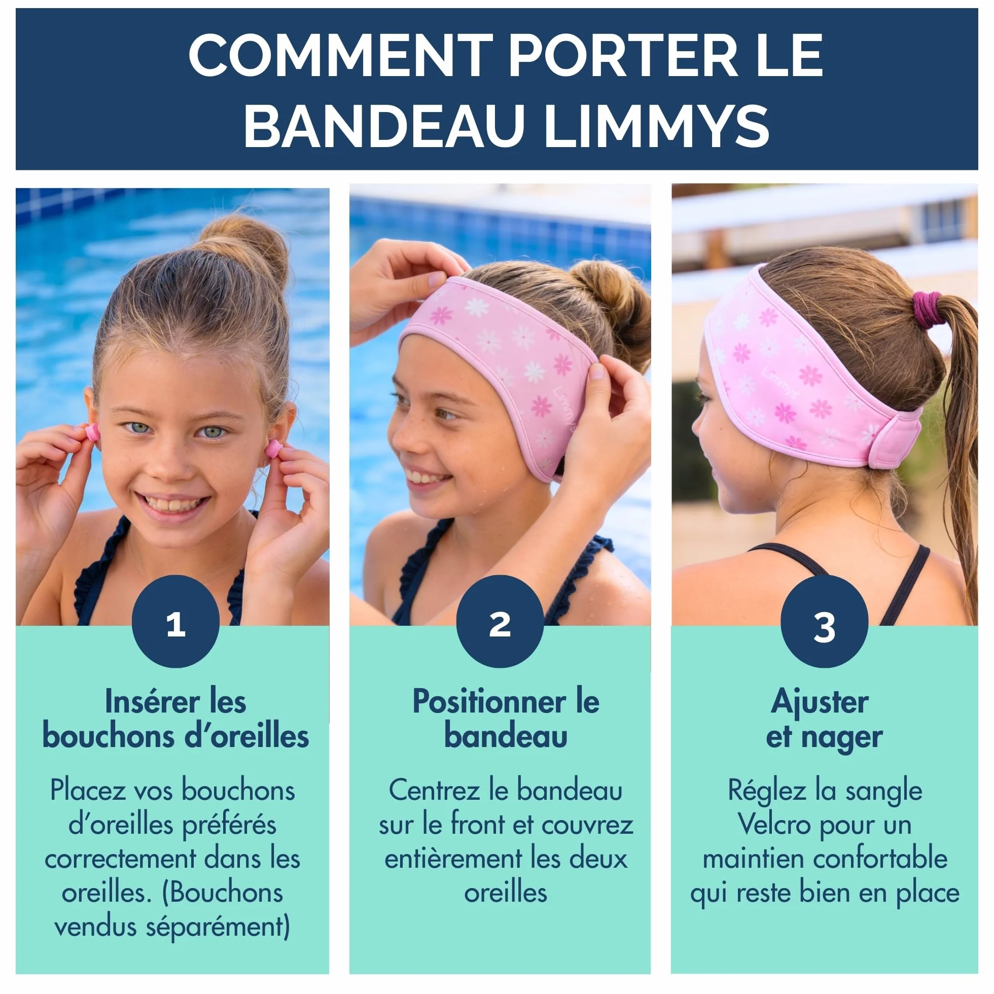 Limmys Bandeau de Natation pour Enfants Adultes – Bande Néoprène Élastique Renforcé Sans Latex Antidérapant Maintient Bouchons d’Oreilles (Pink Stars M 2-8 ans)