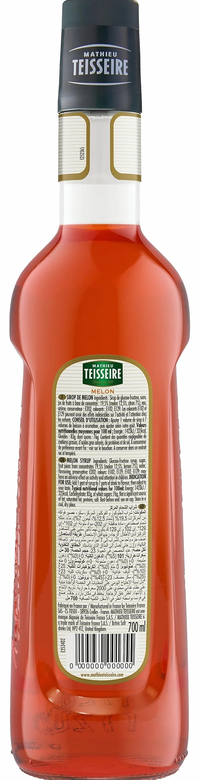 Sirop de Melon Mathieu Teisseire, pour boissons, sodas, cocktails avec ou sans alcool, milk-shakes, smoothies, bouteille de 70cl