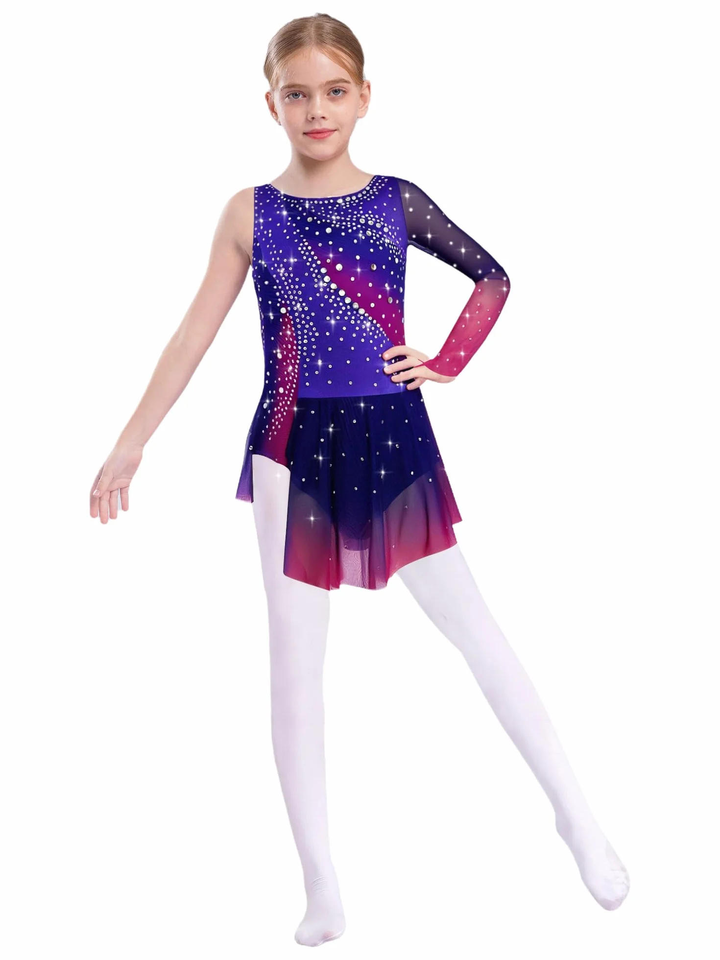 Robe Patinage Artistique Asymétrique Une Epaule Strass Justaucorps Gymnastique Danse Enfant 5-16 Ans