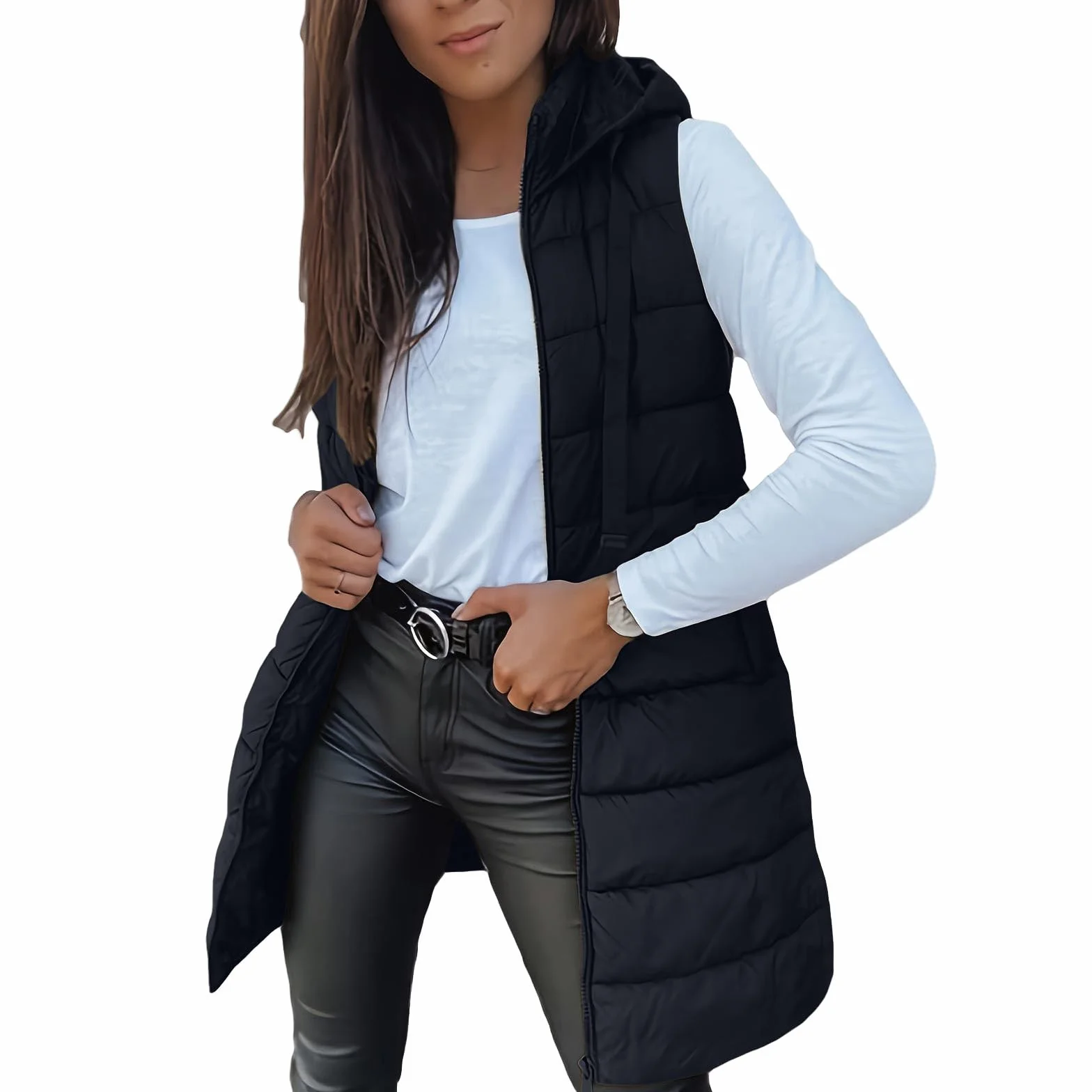 Femme Doudoune Sans Manches Avec Capuche Longue Gilet Chaud Légère Veste Hiver Poches