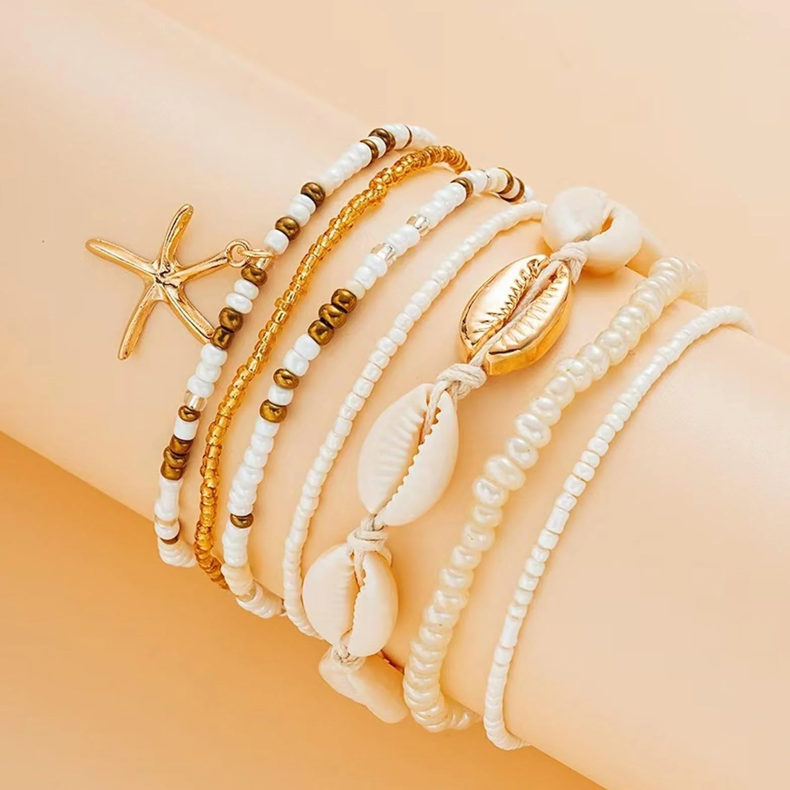 JSTHHTT Bracelet de Cheville Femme Perles Dorées Bohème Réglable Élastique