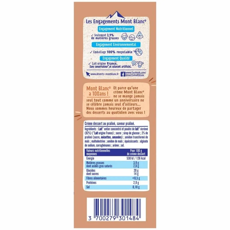 MONT BLANC - Crème Dessert Au Praliné 570G - Lot De 4