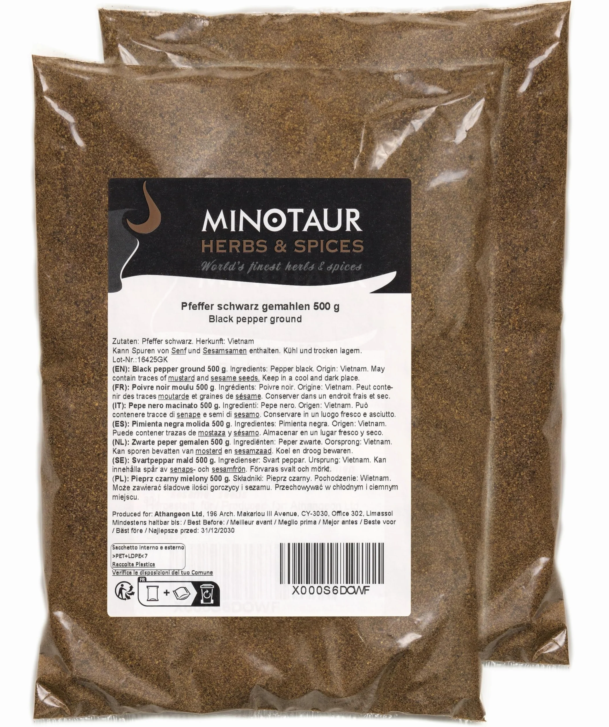 Minotaur Spices | Poivre noir moulu | 2 x 500 g (1 Kg)