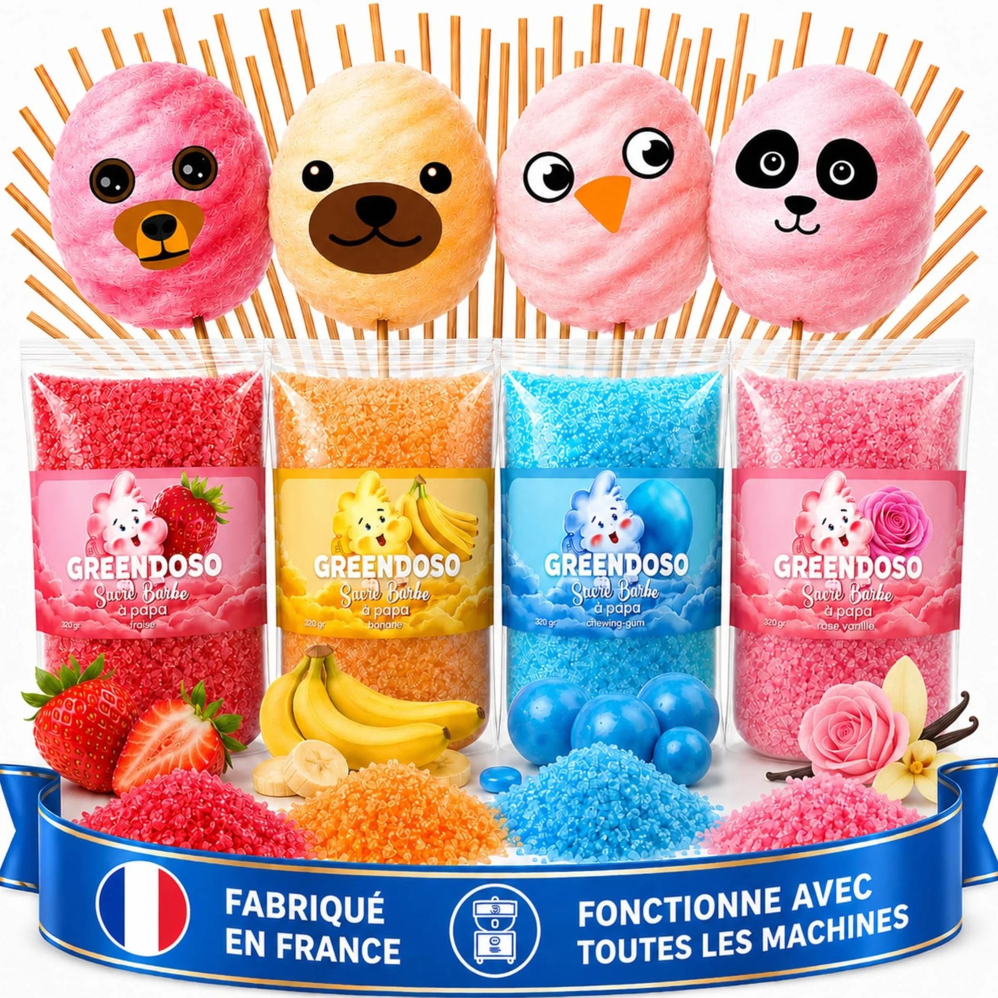 GREENDOSO® Sucre Barbe à Papa pour Machine (4x320 gr) – Lot de 4 Goûts (Fraise/Chewing Gum/Banane/Vanille) – 50 Bâtonnets