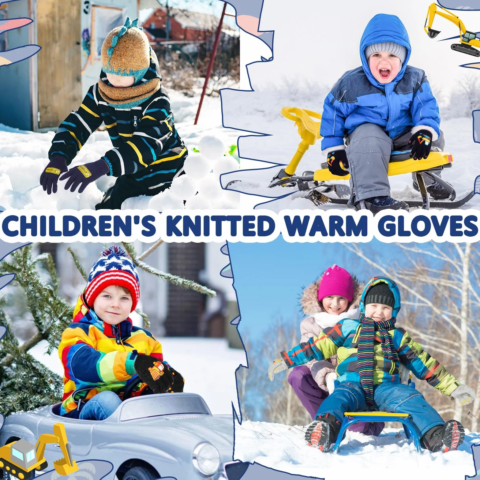 Gants magiques pour enfants Lot de 6 paires motif excavatrice 4-12 ans