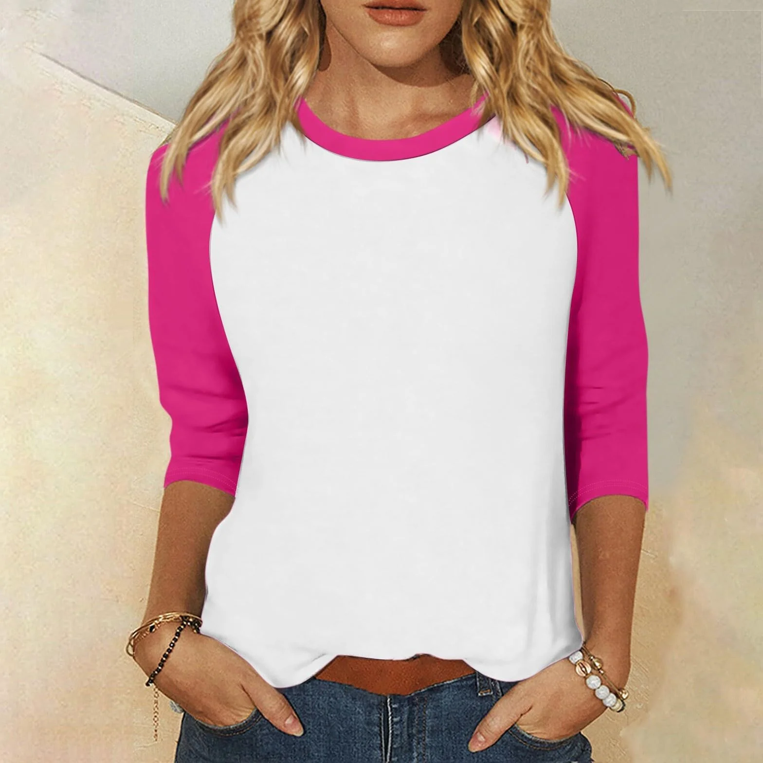 T-shirt femme manches 3/4 col rond bloc de couleurs léger sport décontracté été