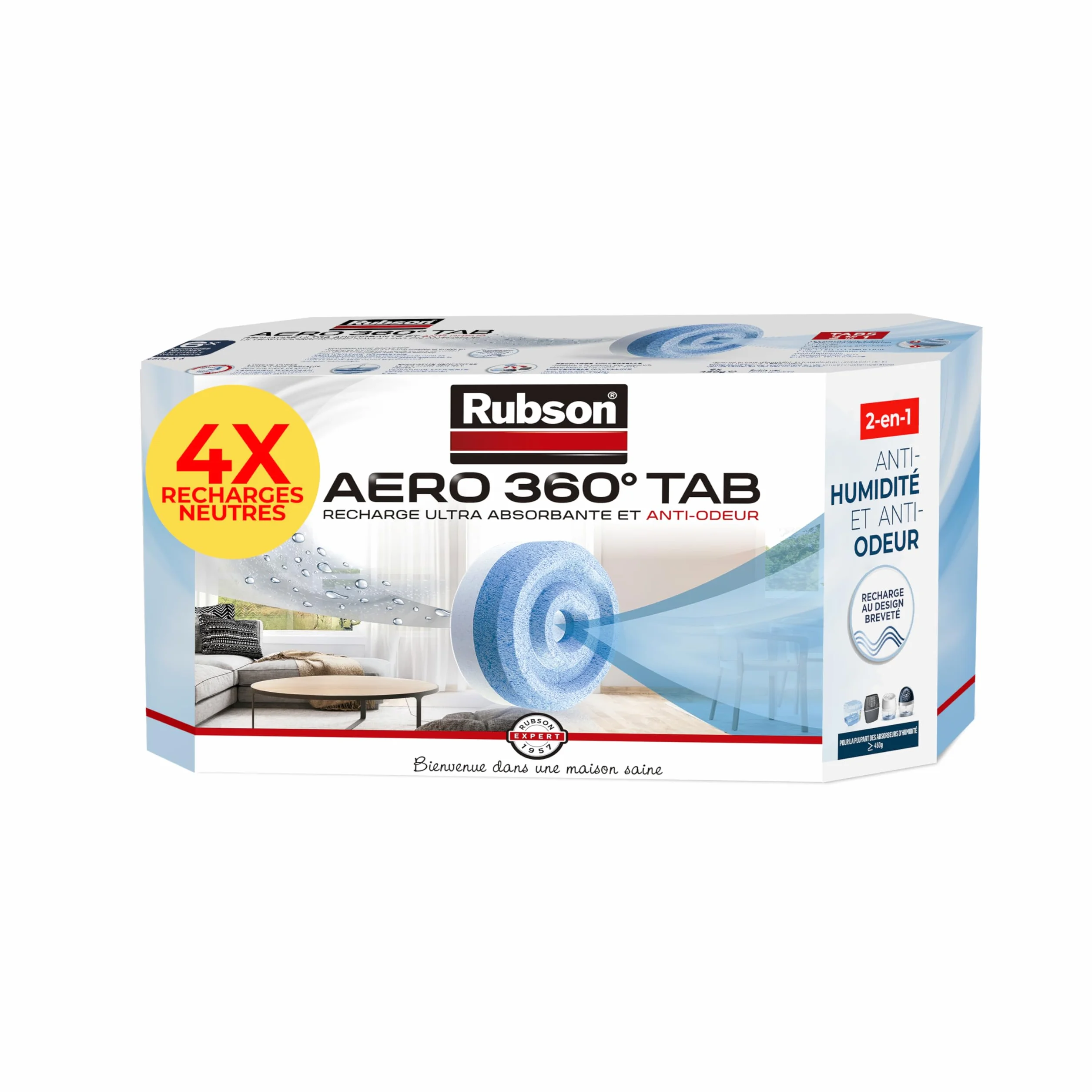 Rubson – AERO 360° Recharges en tabs neutres pour absorbeur d'humidité, recharges pour déshumidificateurs ultra absorbantes et anti odeur, 4 x 450 g pour déshumidificateur d'air