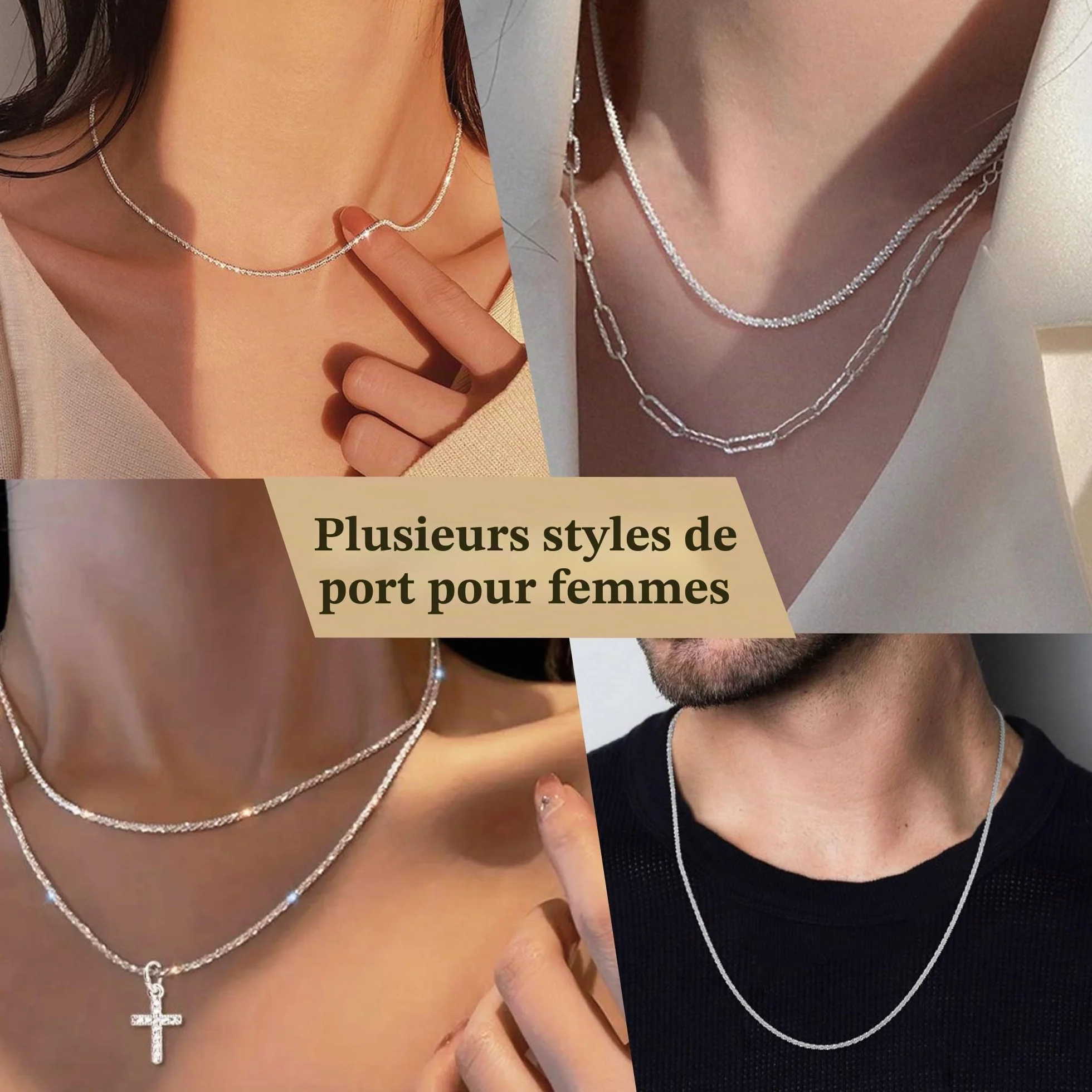 Avotto S925 Collier en argent sterling 2 mm avec diamants Chaîne étincelante 14-28 pouces