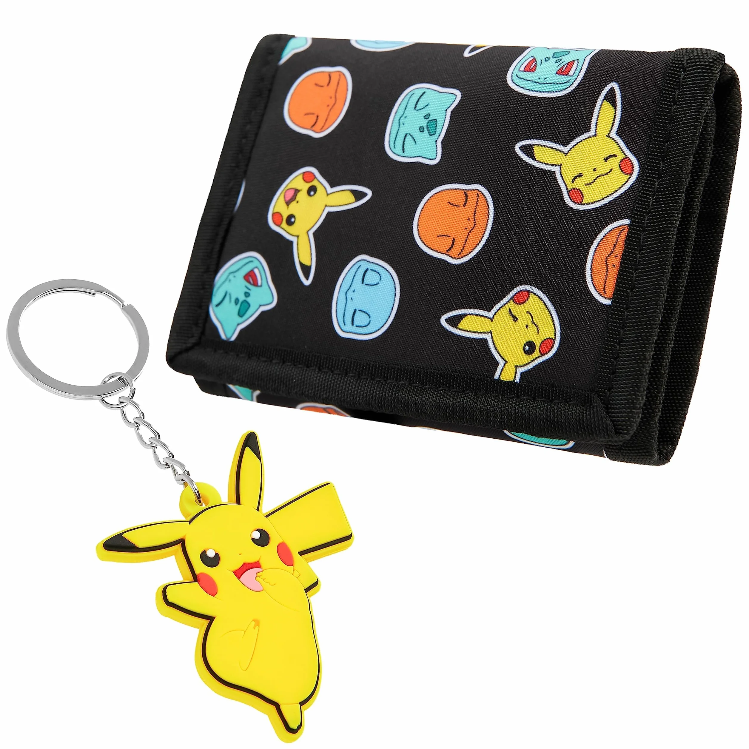 Pokémon Portefeuille Enfant Trifold Toile Poche ID Zippé Porte Clés Coffret Cadeau Pikachu Noir Jaune