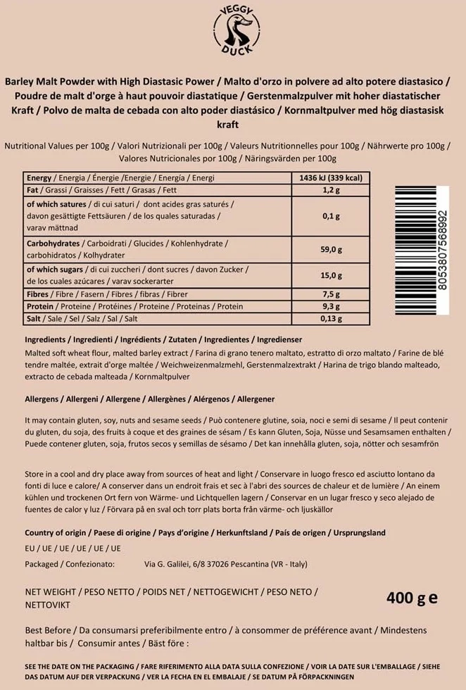 Veggy Duck - Farine de Malt Diastatique (400g) | Farine de Malt d'Orge à Haut Pouvoir Diastatique | Idéal pour la Fabrication du Pain | Made in Italy