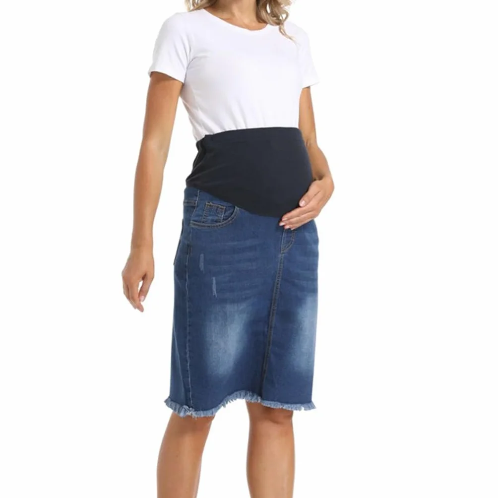 Jupe en Jean Taille Haute Ourlet Brut pour Femmes Enceintes avec Poches