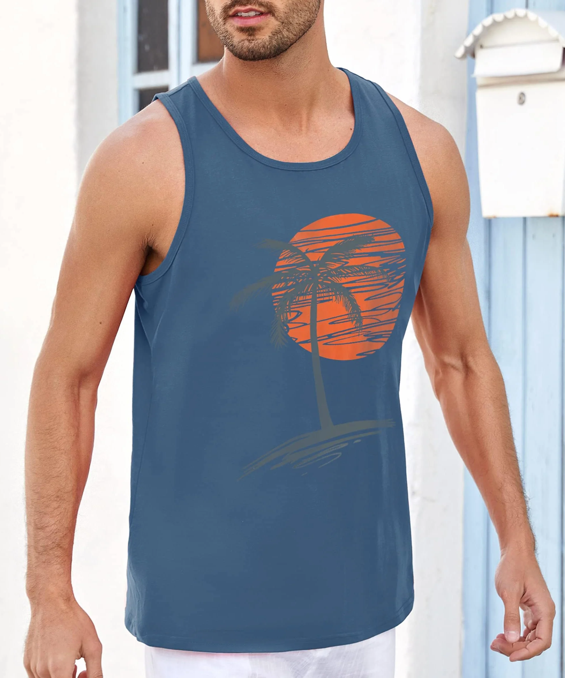 Runcati Débardeur imprimé pour homme Sans manches Coton respirant T-shirt de bodybuilding