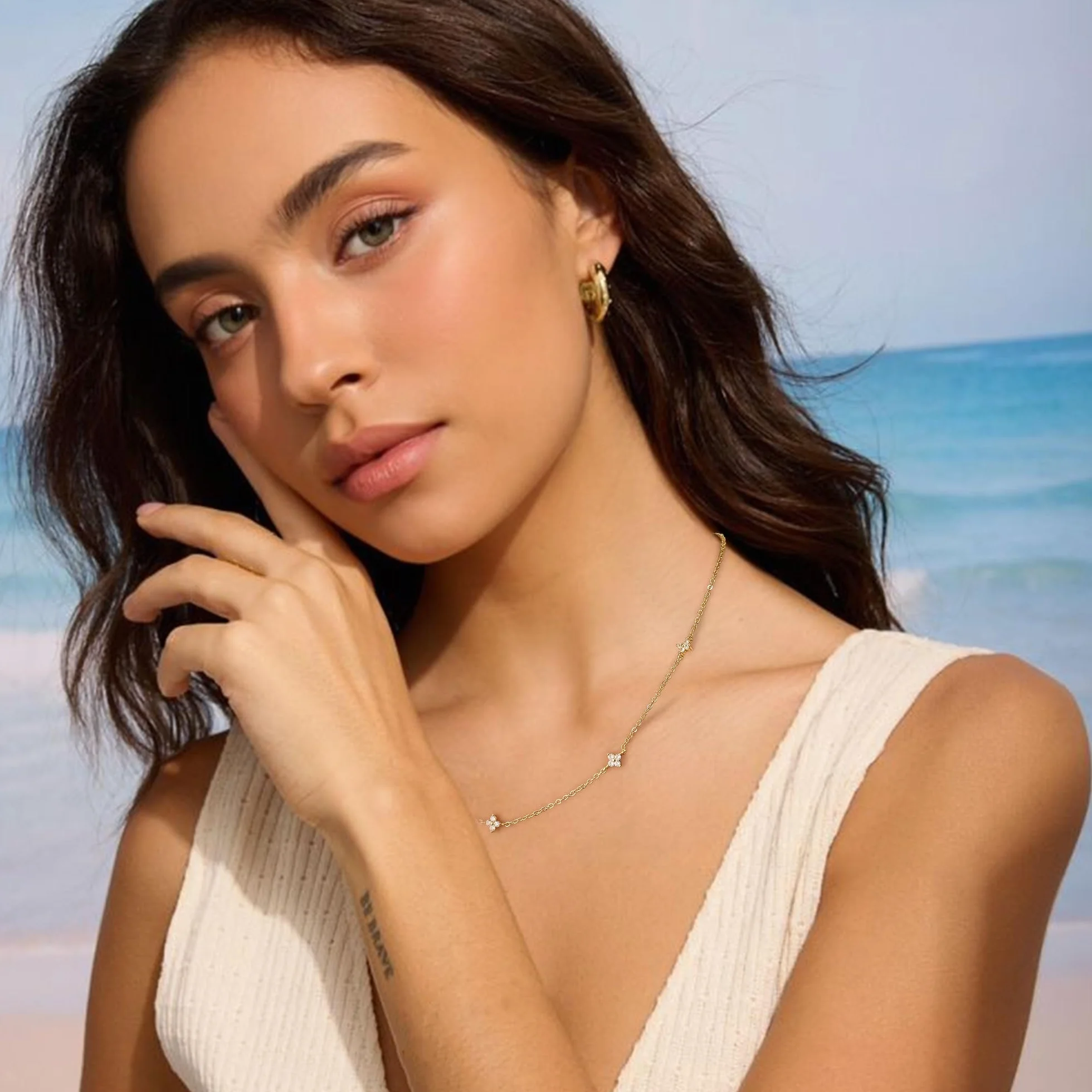 Collier femme argent sterling S925 or avec zircone cubique réglable étanche